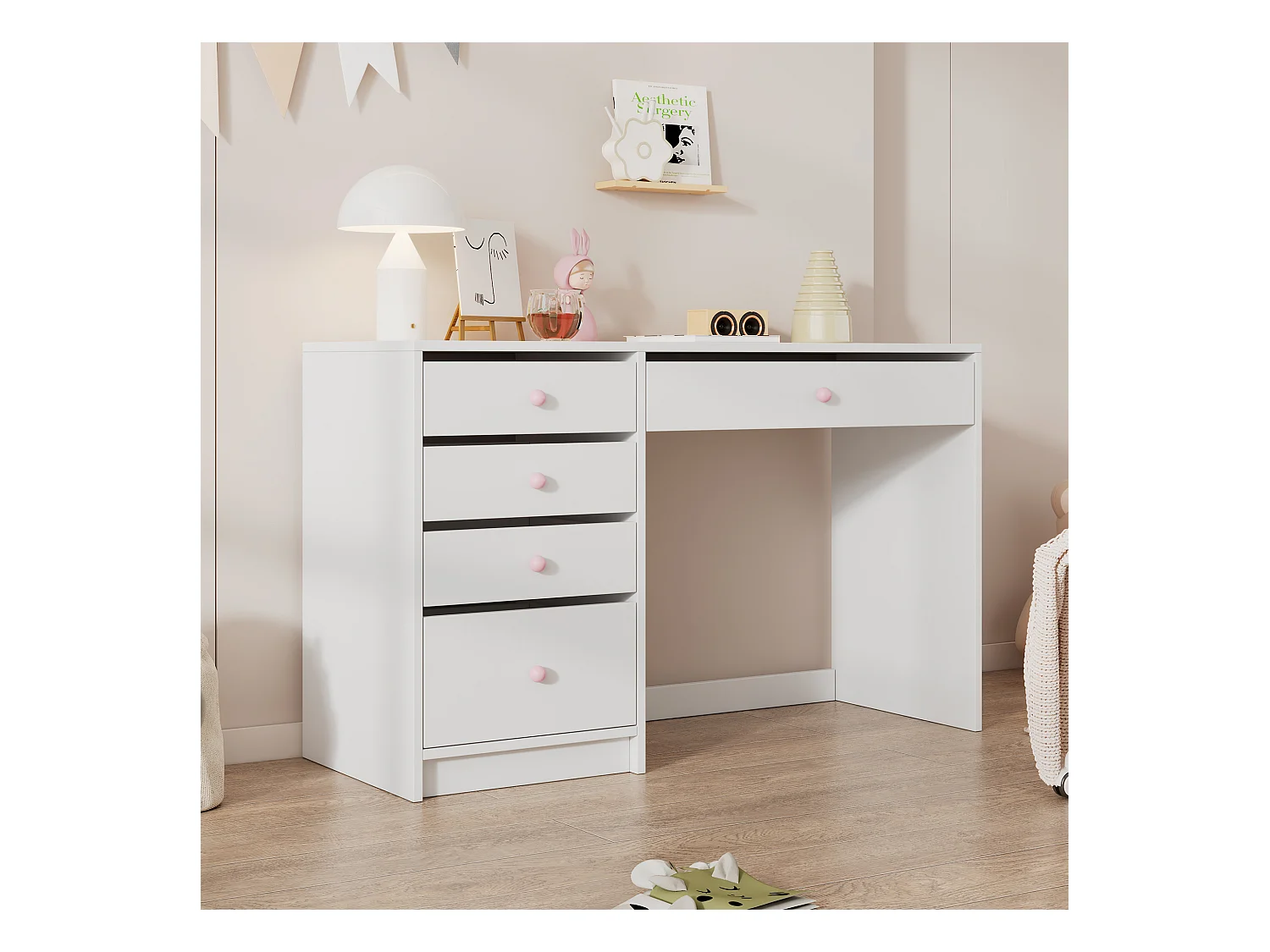 Bureau 120x45x74 cm - 5 tiroirs - poignées en céramique rose - MDF - blanc
