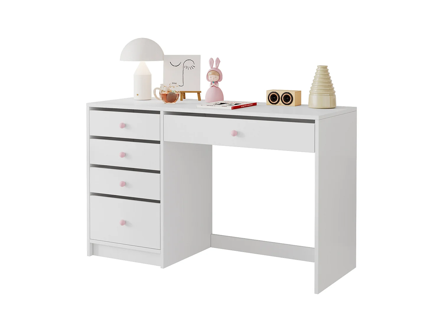 Bureau 120x45x74 cm - 5 tiroirs - poignées en céramique rose - MDF - blanc