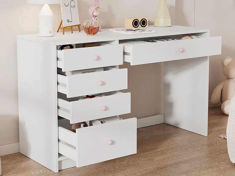 Bureau 120x45x74 cm - 5 tiroirs - poignées en céramique rose - MDF - blanc