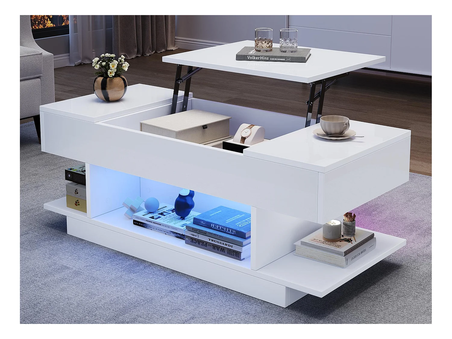 Table basse relevable 98x45x40 cm - avec LED - 2 étagères pliantes - rangement semi-ouvert - finition brillante - Blanc