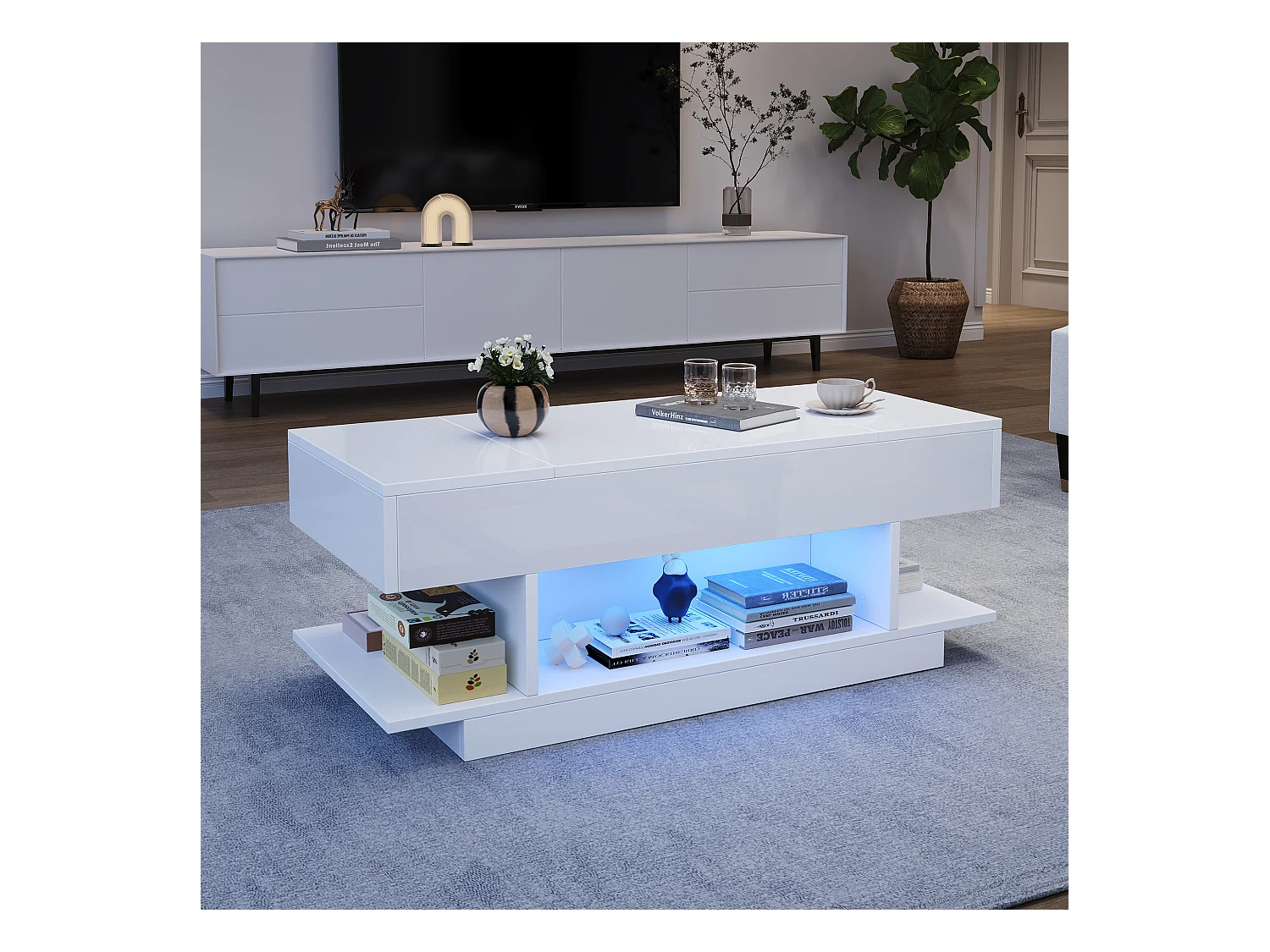 Table basse relevable 98x45x40 cm - avec LED - 2 étagères pliantes - rangement semi-ouvert - finition brillante - Blanc