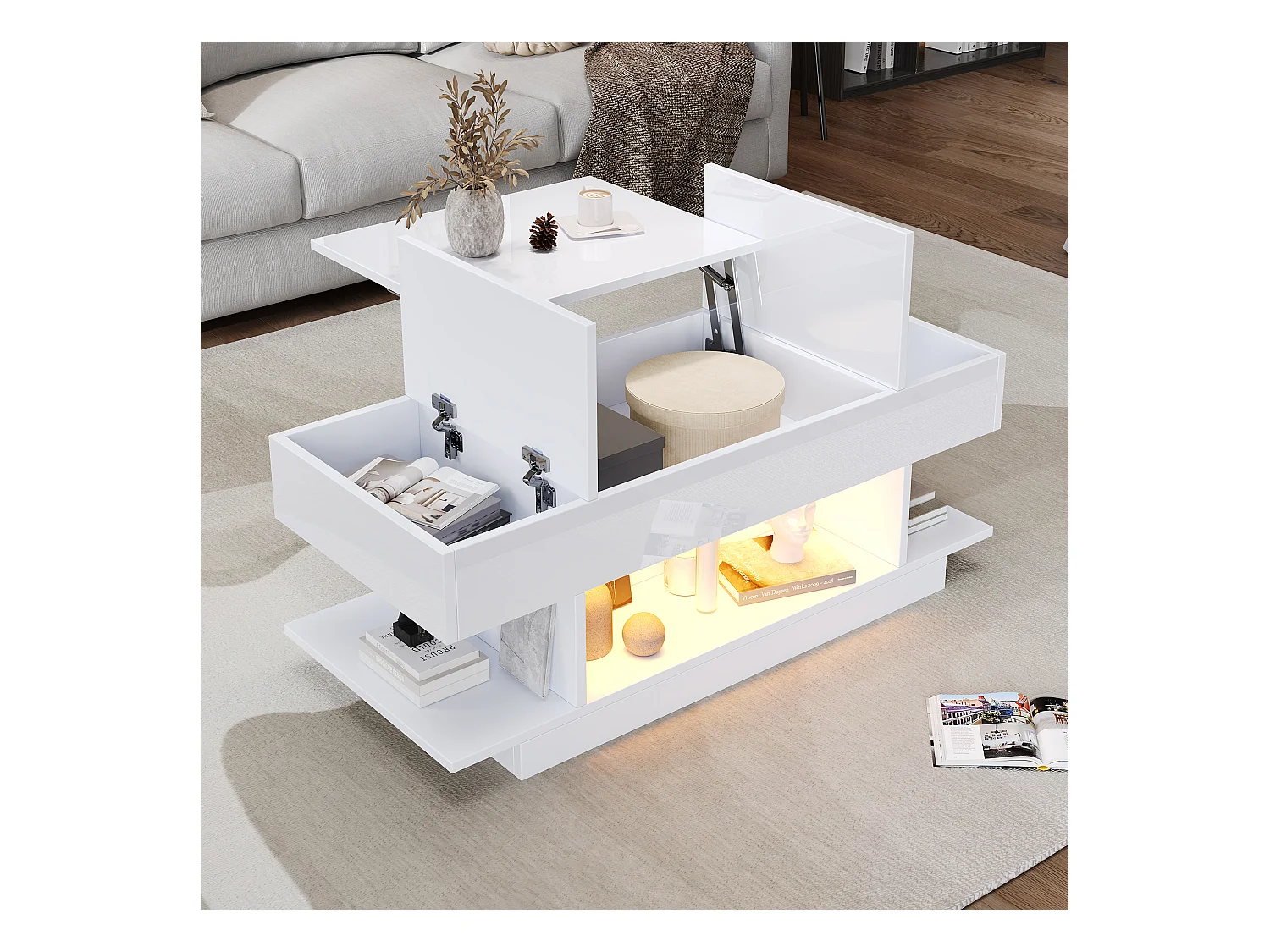 Table basse relevable 98x45x40 cm - avec LED - 2 étagères pliantes - rangement semi-ouvert - finition brillante - Blanc