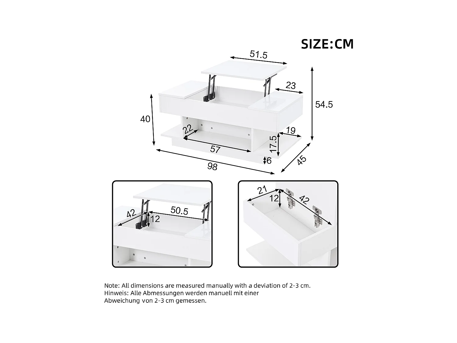 Table basse relevable 98x45x40 cm - avec LED - 2 étagères pliantes - rangement semi-ouvert - finition brillante - Blanc