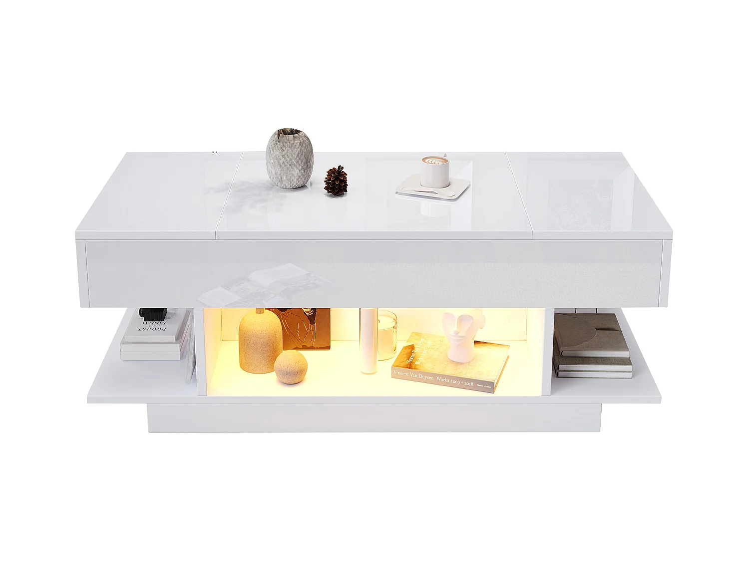 Table basse relevable 98x45x40 cm - avec LED - 2 étagères pliantes - rangement semi-ouvert - finition brillante - Blanc