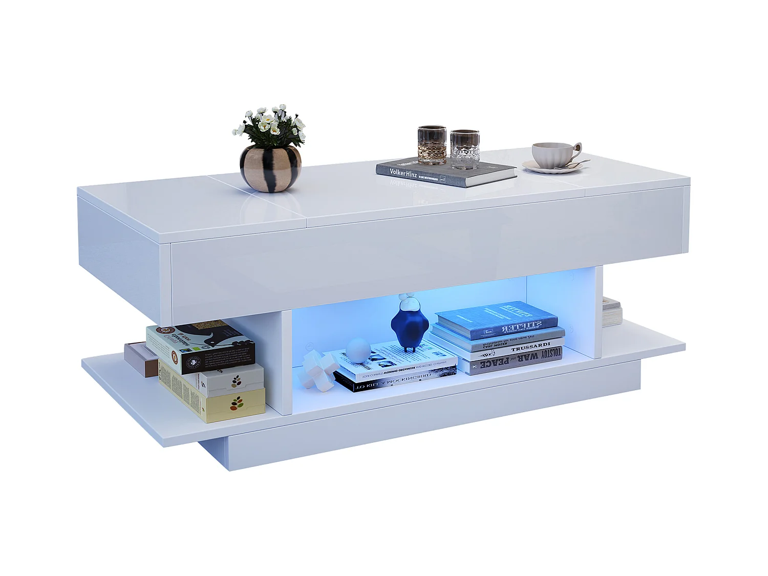 Table basse relevable 98x45x40 cm - avec LED - 2 étagères pliantes - rangement semi-ouvert - finition brillante - Blanc