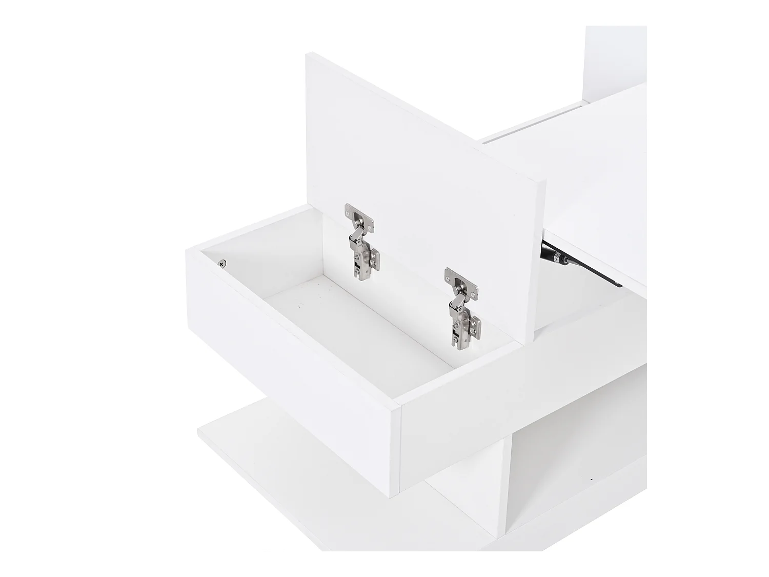 Table basse relevable 98x45x40 cm - avec LED - 2 étagères pliantes - rangement semi-ouvert - finition brillante - Blanc