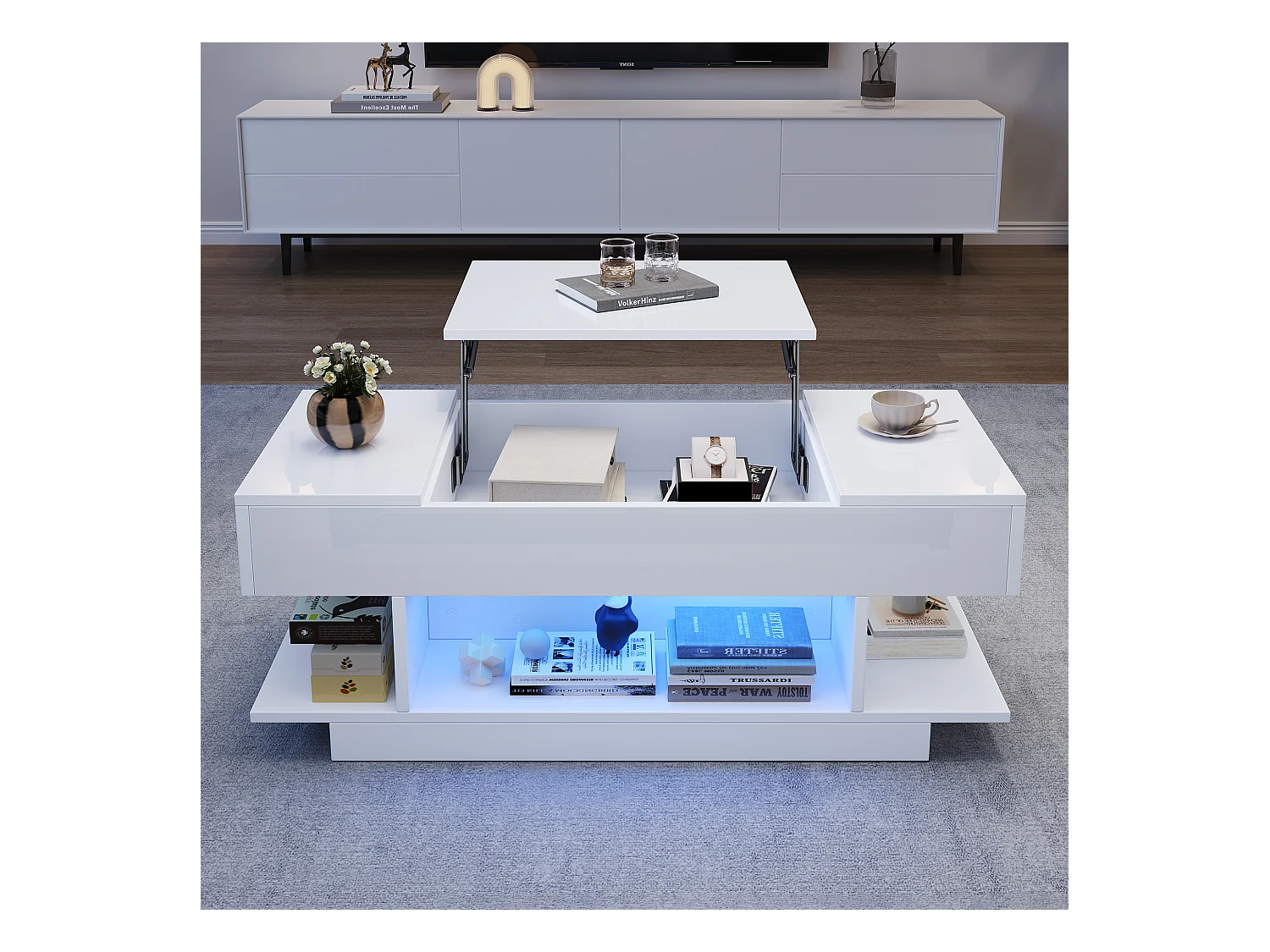 Höhenverstellbarer Beistelltisch 98x45x40 cm - mit LED - 2 klappbaren Regalen - halboffene Aufbewahrung - Hochglanzfinish - Weiß