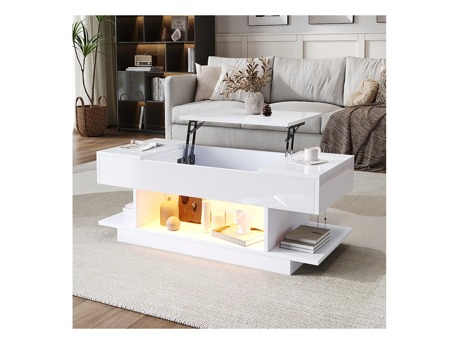 Höhenverstellbarer Beistelltisch 98x45x40 cm - mit LED - 2 klappbaren Regalen - halboffene Aufbewahrung - Hochglanzfinish - Weiß