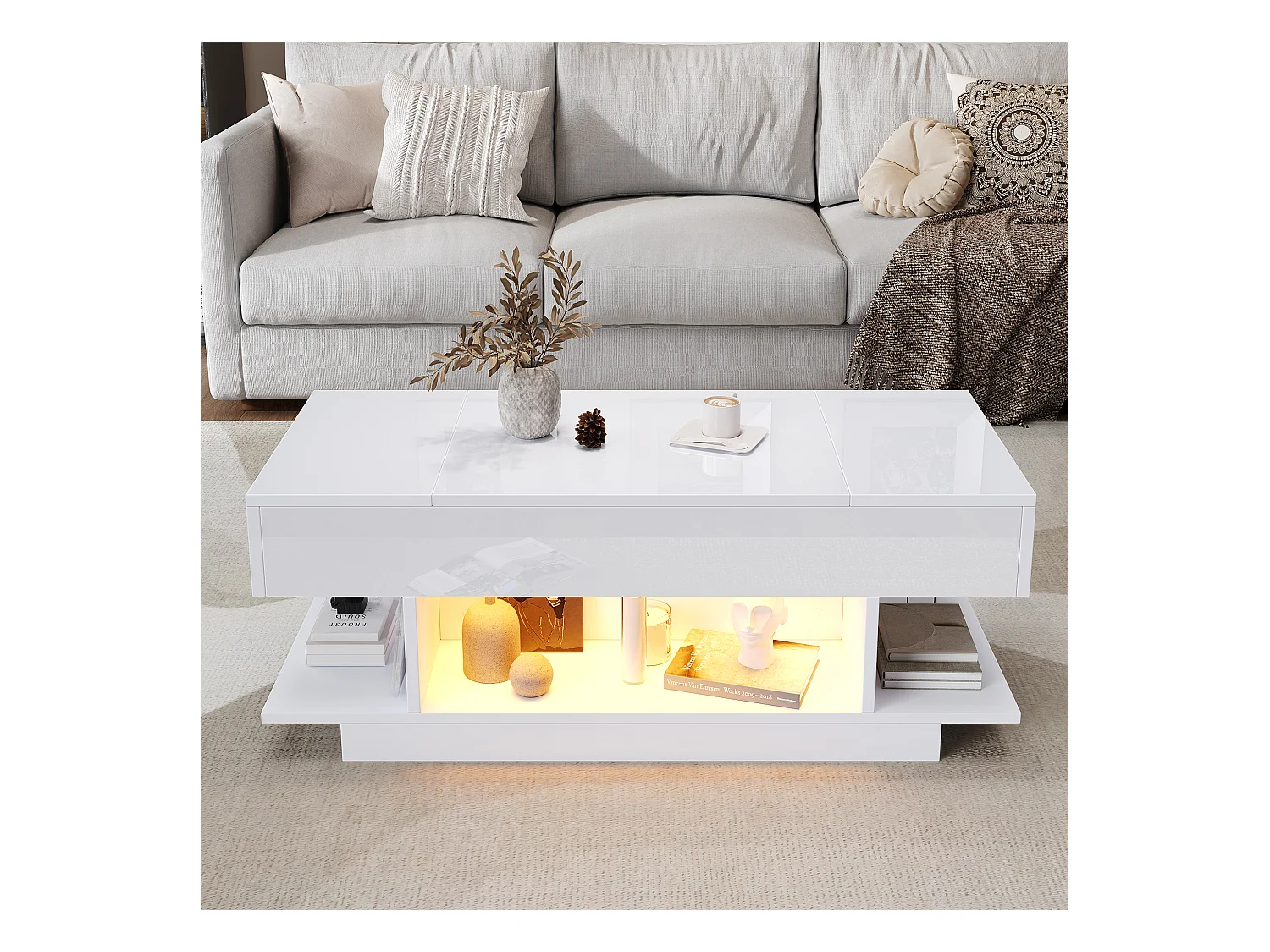 Höhenverstellbarer Beistelltisch 98x45x40 cm - mit LED - 2 klappbaren Regalen - halboffene Aufbewahrung - Hochglanzfinish - Weiß