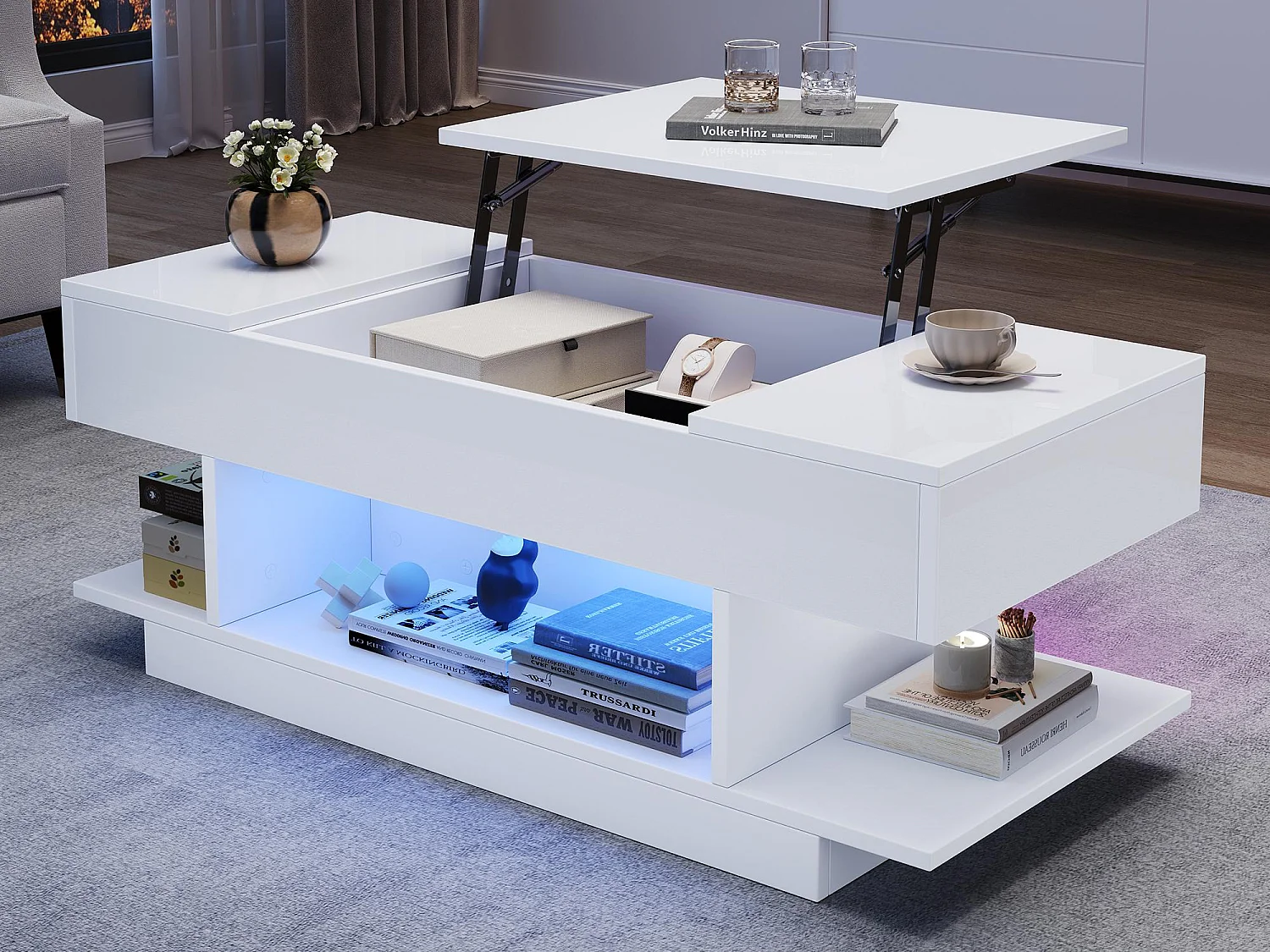 Table basse relevable 98x45x40 cm - avec LED - 2 étagères pliantes - rangement semi-ouvert - finition brillante - Blanc