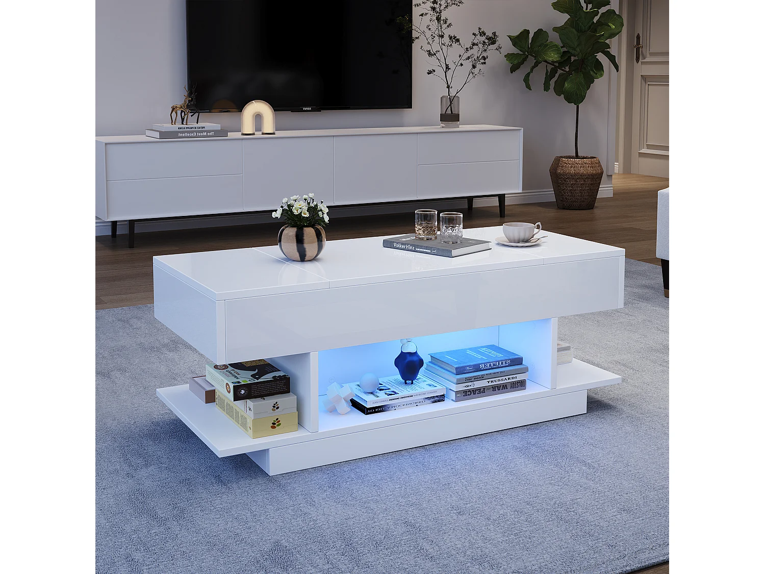 Table basse relevable 98x45x40 cm - avec LED - 2 étagères pliantes - rangement semi-ouvert - finition brillante - Blanc