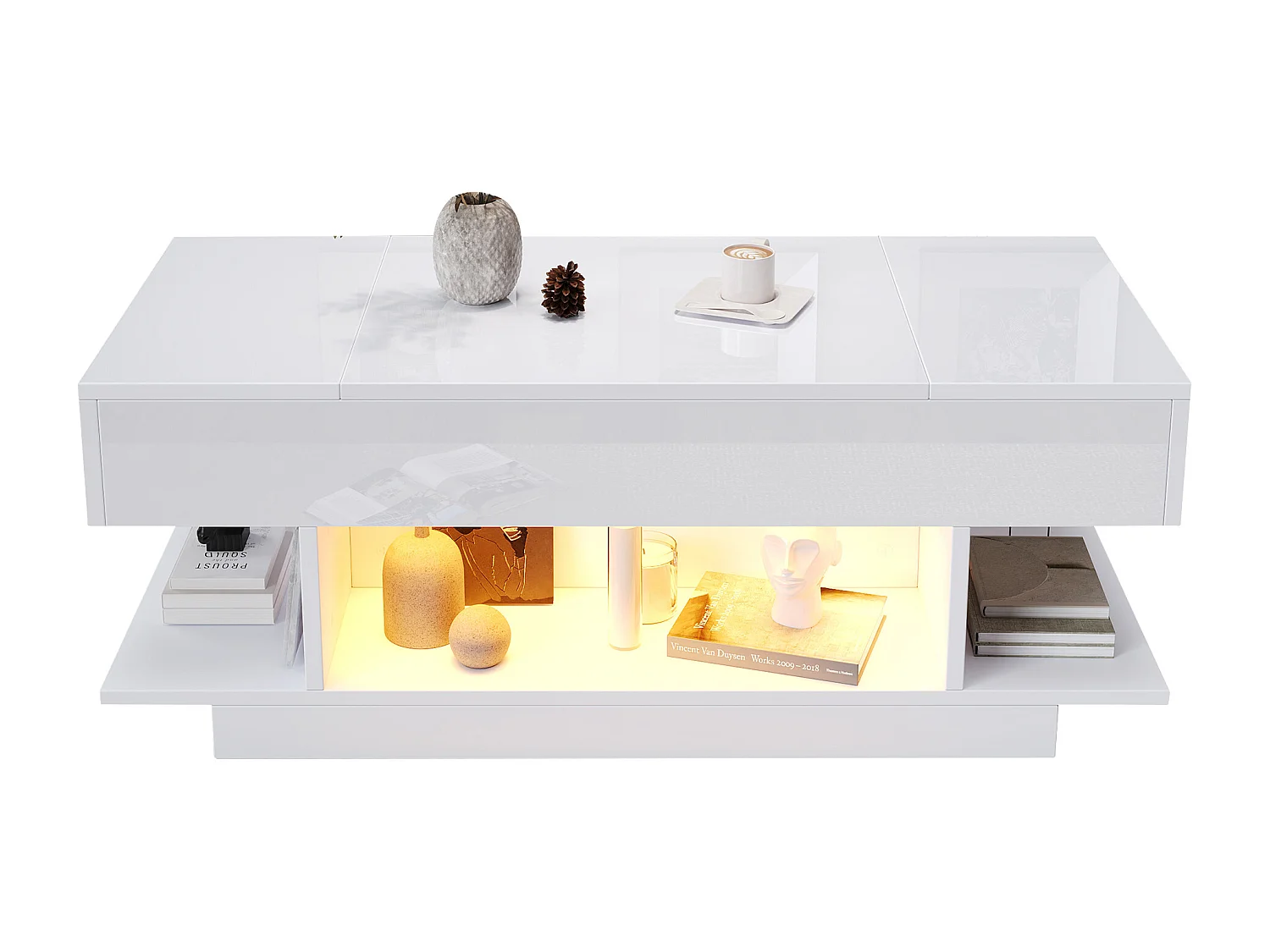Table basse relevable 98x45x40 cm - avec LED - 2 étagères pliantes - rangement semi-ouvert - finition brillante - Blanc
