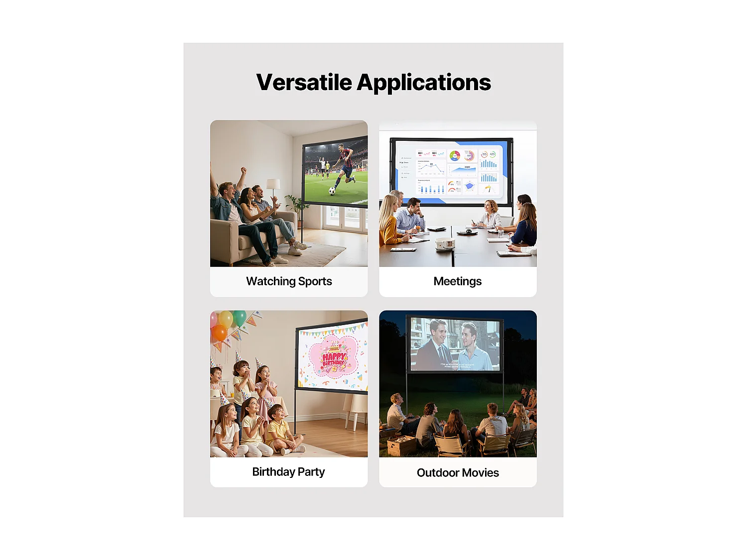 Ekran Projektowy SucceBuy 203,2 cm z 2 Nóżkami, Przenośne i Niegnące Płótno Projektowe, Duży Kąt Widzenia 160°, 16:9 4K HD