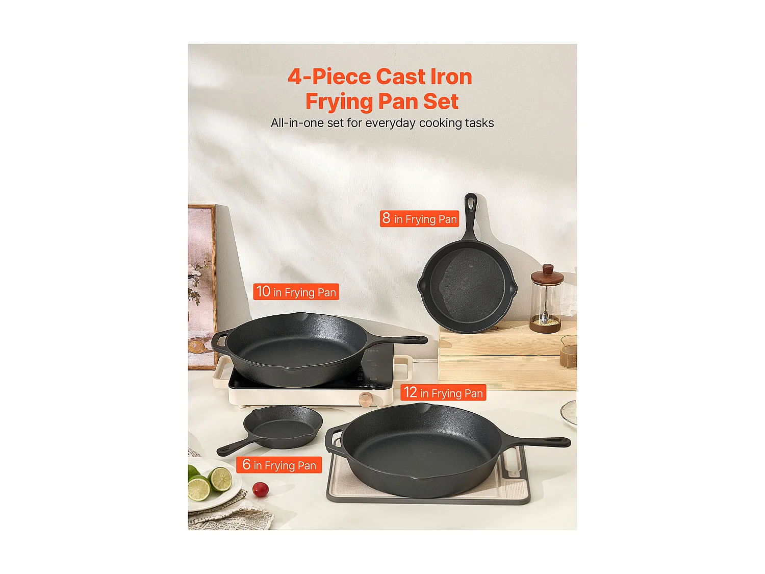 Gietijzeren Pan SucceBuy, 4 Stuks 15,5/20,5/26/30,5 Cm, Voorgebakken Sauteerpan met Hittebestendig Silicone Handvat, voor Oven, Gas, Elektrisch