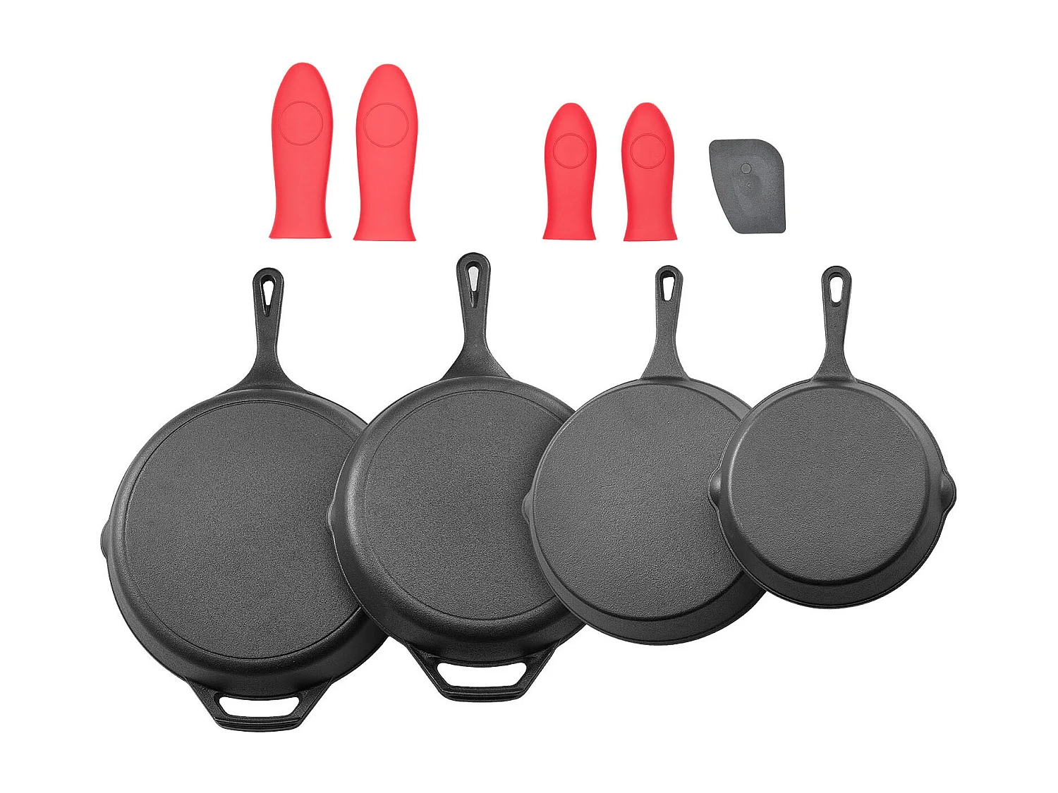 Poêle en Fonte SucceBuy, 4PCs 15,5/20,5/26/30,5 cm, Sauteuse Pré-Assaisonnée avec Poignée en Silicone Résistante À la Chaleur, pour  Four, Gaz, Électrique