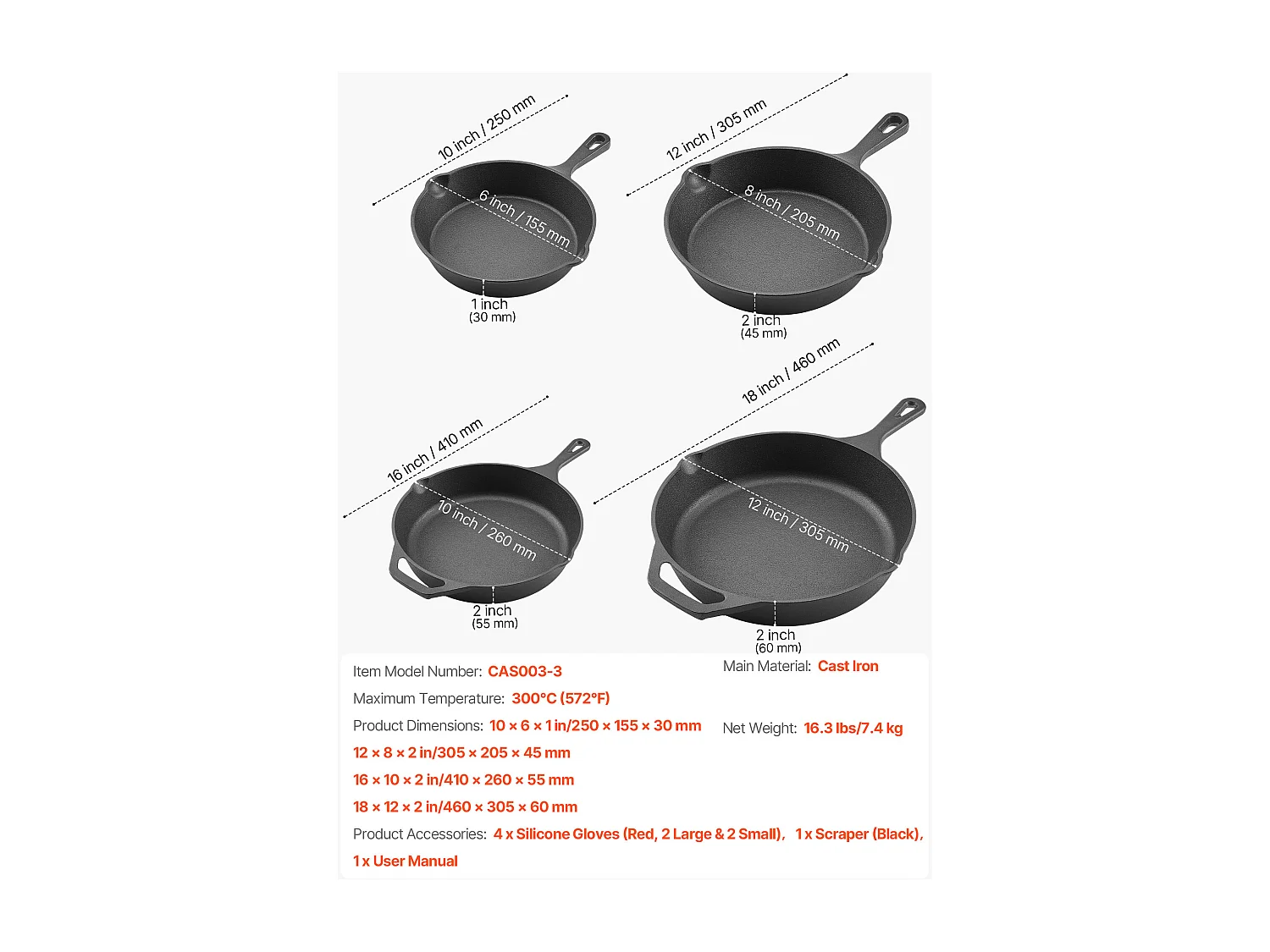 Poêle en Fonte SucceBuy, 4PCs 15,5/20,5/26/30,5 cm, Sauteuse Pré-Assaisonnée avec Poignée en Silicone Résistante À la Chaleur, pour  Four, Gaz, Électrique
