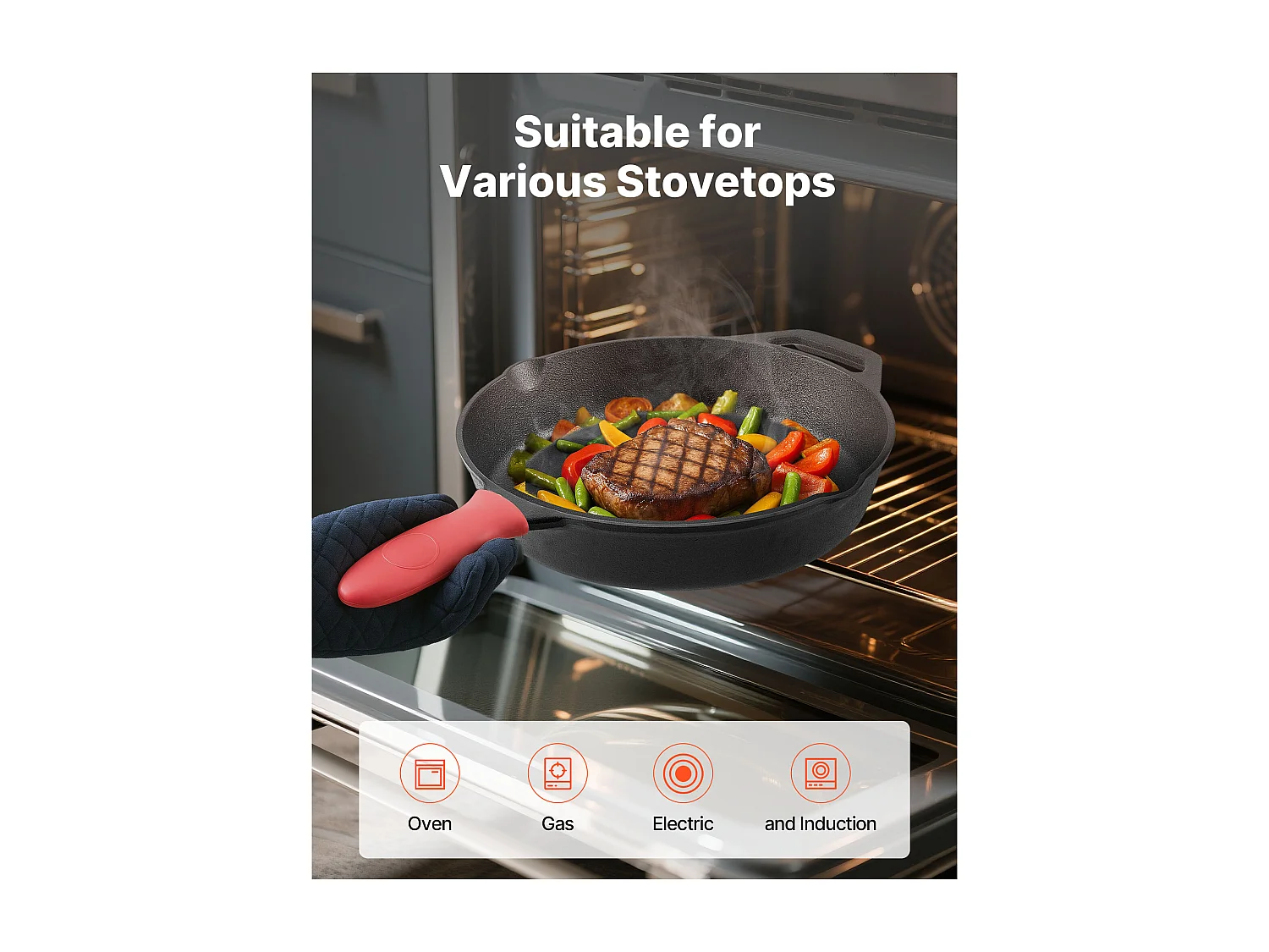 Poêle en Fonte SucceBuy, 4PCs 15,5/20,5/26/30,5 cm, Sauteuse Pré-Assaisonnée avec Poignée en Silicone Résistante À la Chaleur, pour  Four, Gaz, Électrique