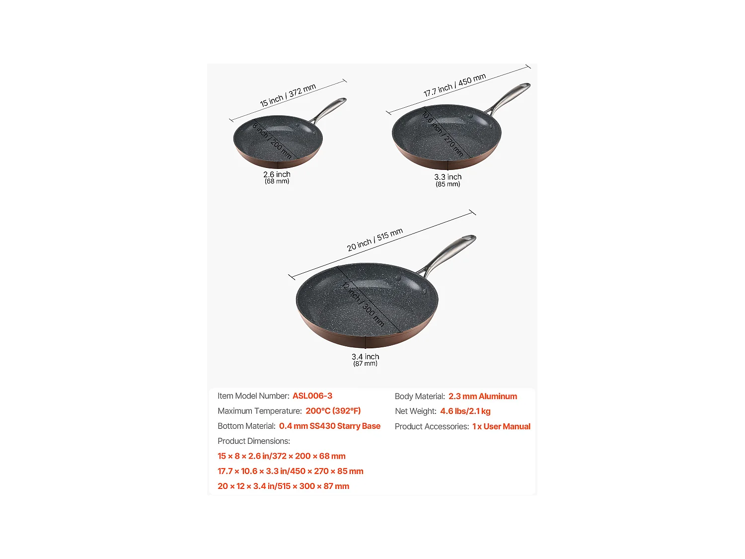 Poêle en Aluminium SucceBuy, 3PCs 20/27/30 cm, Sauteuse en Céramique Antiadhésive avec Poignée Résistante À la Chaleur, pour  Gaz, Électrique