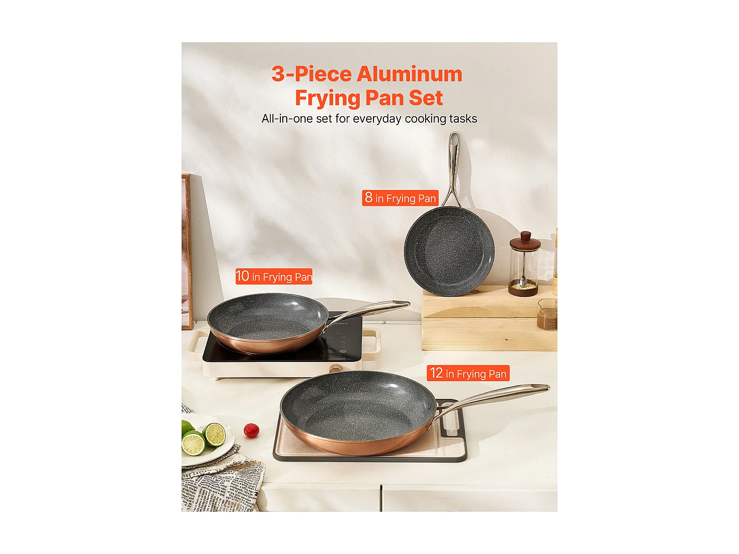 Poêle en Aluminium SucceBuy, 3PCs 20/27/30 cm, Sauteuse en Céramique Antiadhésive avec Poignée Résistante À la Chaleur, pour  Gaz, Électrique