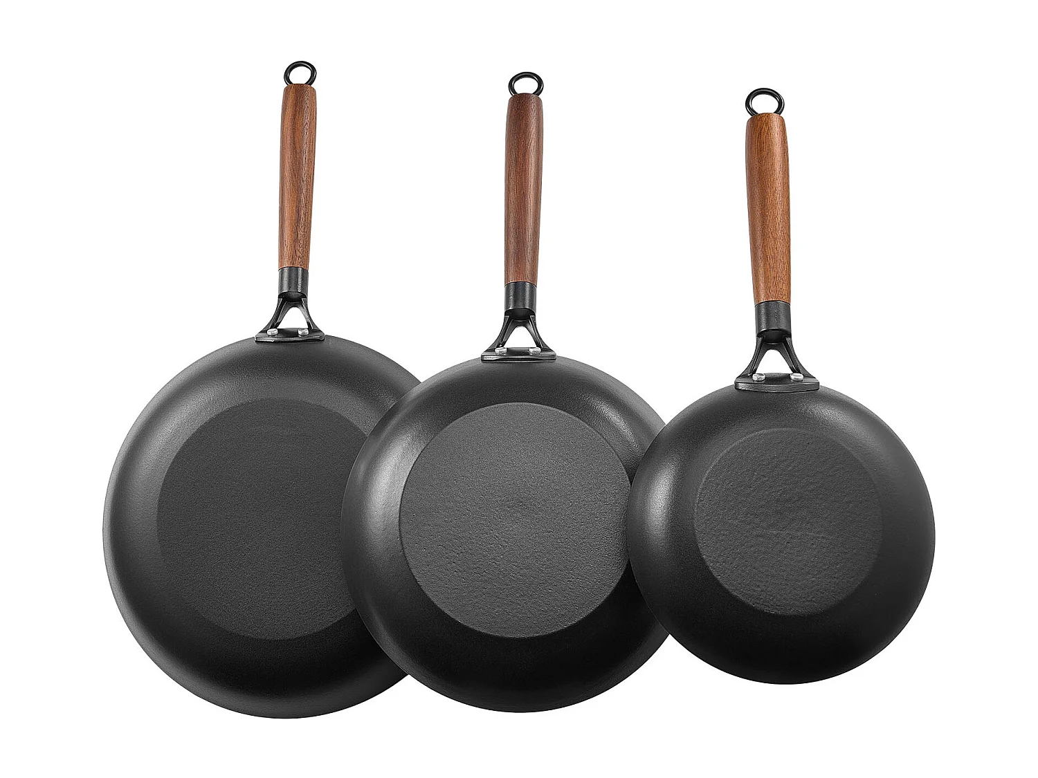 Poêle en Fonte SucceBuy, 3PCs 20,5/26,5/31 cm, Sauteuse Antiadhésive Pré-Assaisonnée avec Poignée en Bois Amovible, pour  Gaz, Électrique, Induction, Noir