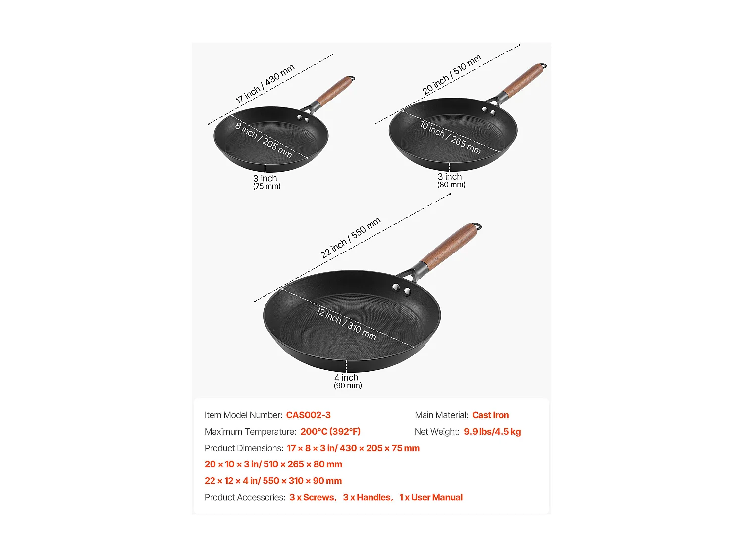 Poêle en Fonte SucceBuy, 3PCs 20,5/26,5/31 cm, Sauteuse Antiadhésive Pré-Assaisonnée avec Poignée en Bois Amovible, pour  Gaz, Électrique, Induction, Noir