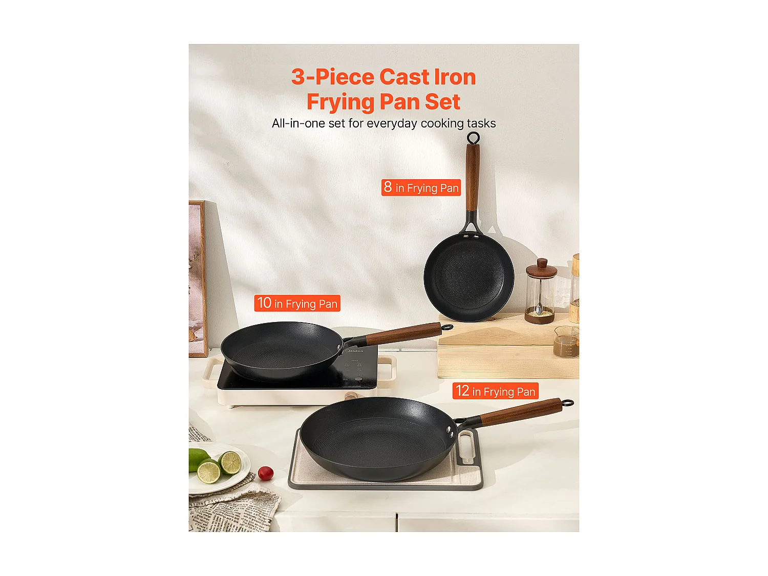 Poêle en Fonte SucceBuy, 3PCs 20,5/26,5/31 cm, Sauteuse Antiadhésive Pré-Assaisonnée avec Poignée en Bois Amovible, pour  Gaz, Électrique, Induction, Noir