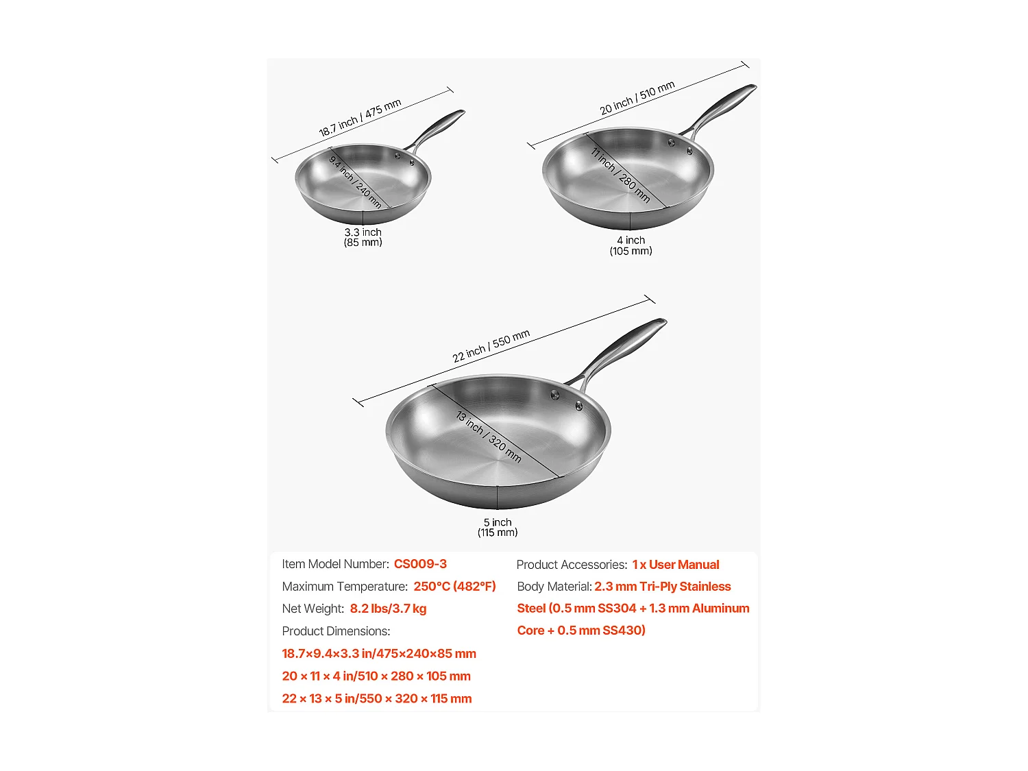 Poêle en Acier Inoxydable SucceBuy, 3PCs 24/28/32 cm, Sauteuse avec Poignée Résistante À la Chaleur, Ustensiles de Cuisine Restaurant, pour  Gaz, Argent