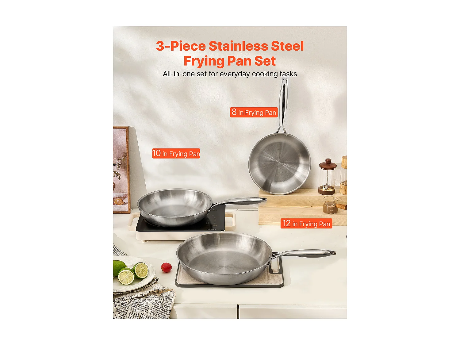 Poêle en Acier Inoxydable SucceBuy, 3PCs 24/28/32 cm, Sauteuse avec Poignée Résistante À la Chaleur, Ustensiles de Cuisine Restaurant, pour  Gaz, Argent