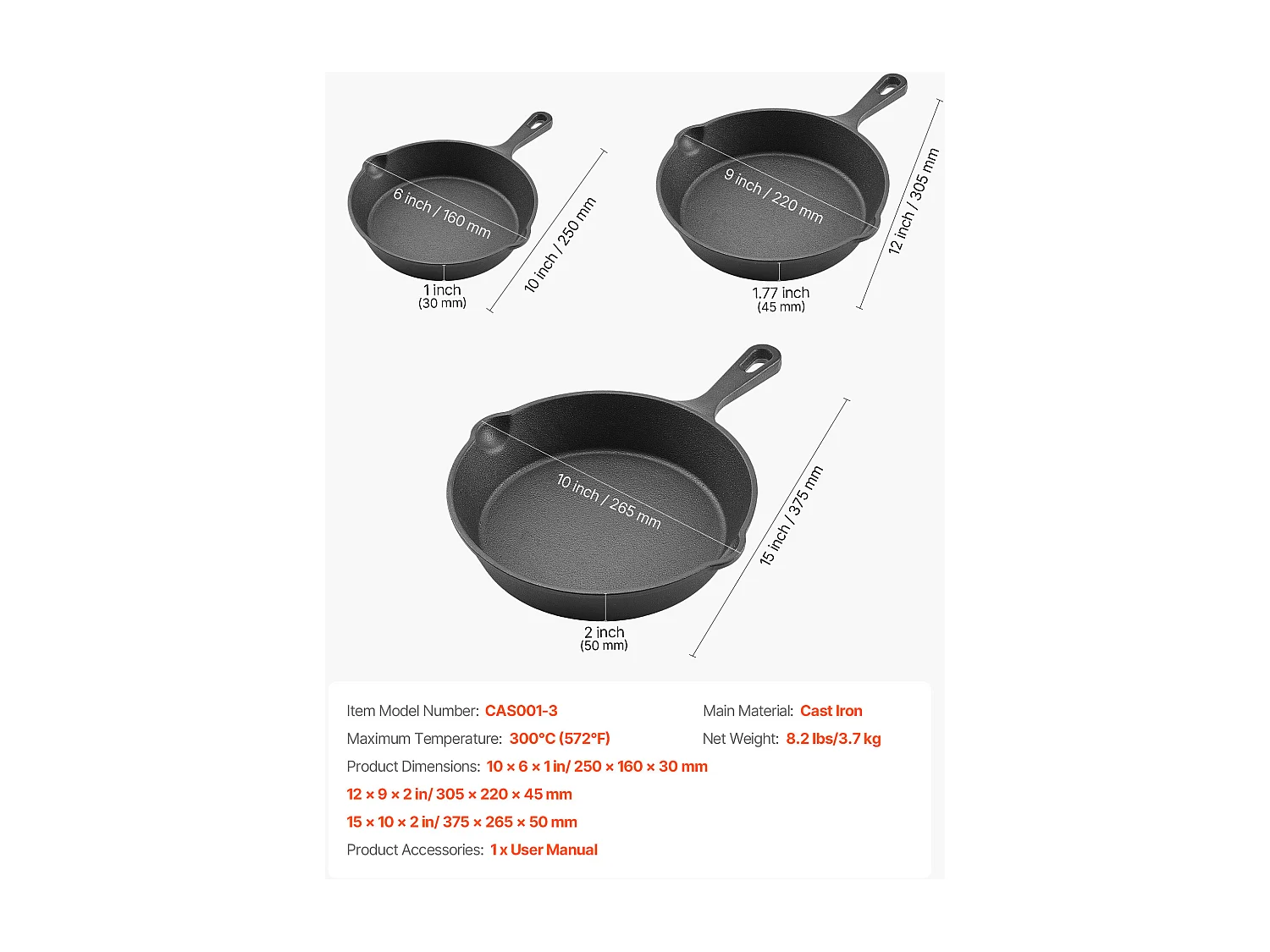 Poêle en Fonte SucceBuy, 3PCs 16 cm/22 cm/26,5 cm, Sauteuse Pré-Assaisonnée avec Poignée Résistante À la Chaleur, pour  Four, Gaz, Électrique, Induction, Noir