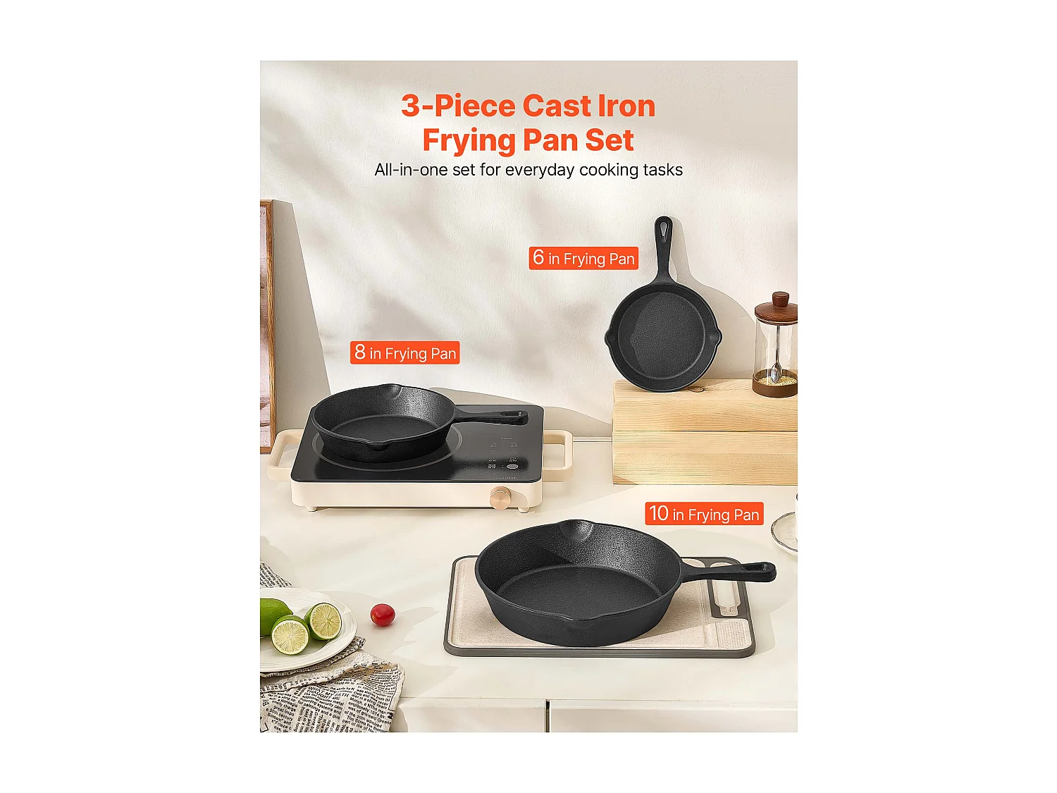 Poêle en Fonte SucceBuy, 3PCs 16 cm/22 cm/26,5 cm, Sauteuse Pré-Assaisonnée avec Poignée Résistante À la Chaleur, pour  Four, Gaz, Électrique, Induction, Noir