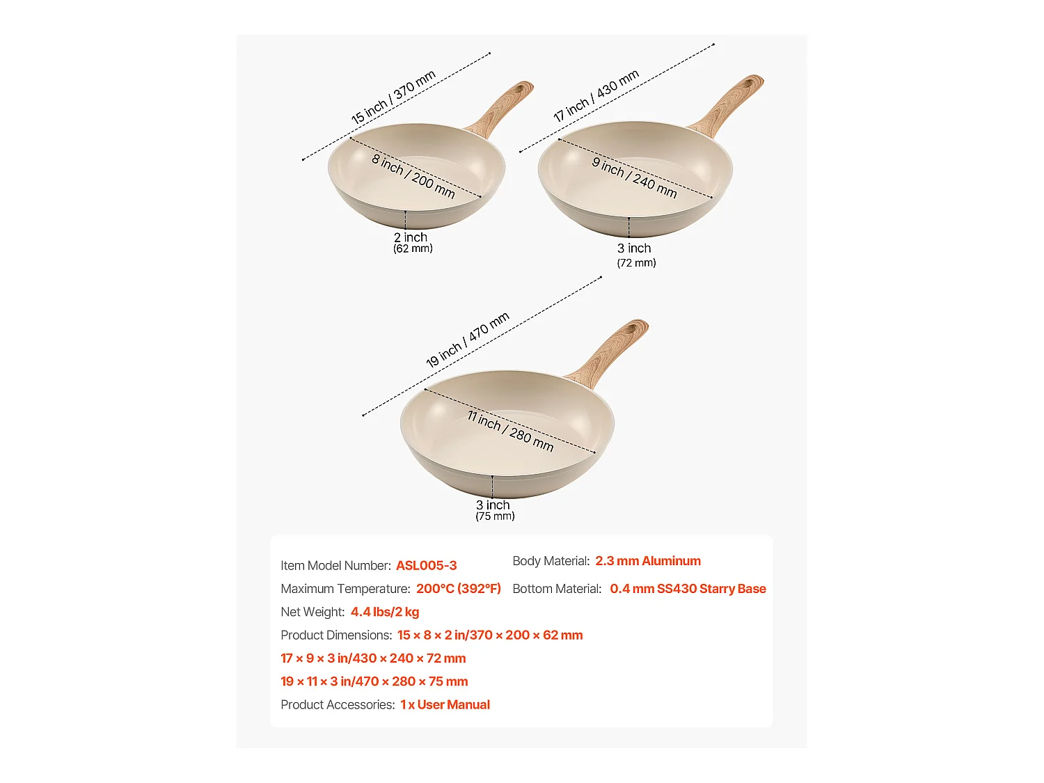 Poêle en Aluminium SucceBuy, 3PCs 20/24/28 cm, Sauteuse en Céramique Antiadhésive avec Poignée Résistante À la Chaleur, pour  Gaz, Électrique, Beige