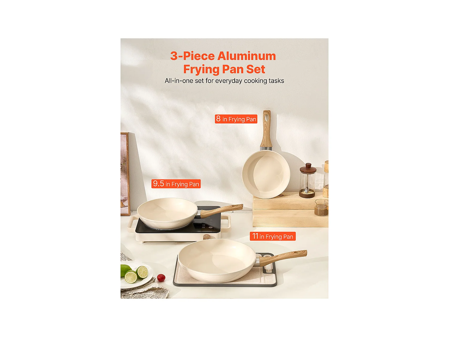 Poêle en Aluminium SucceBuy, 3PCs 20/24/28 cm, Sauteuse en Céramique Antiadhésive avec Poignée Résistante À la Chaleur, pour  Gaz, Électrique, Beige