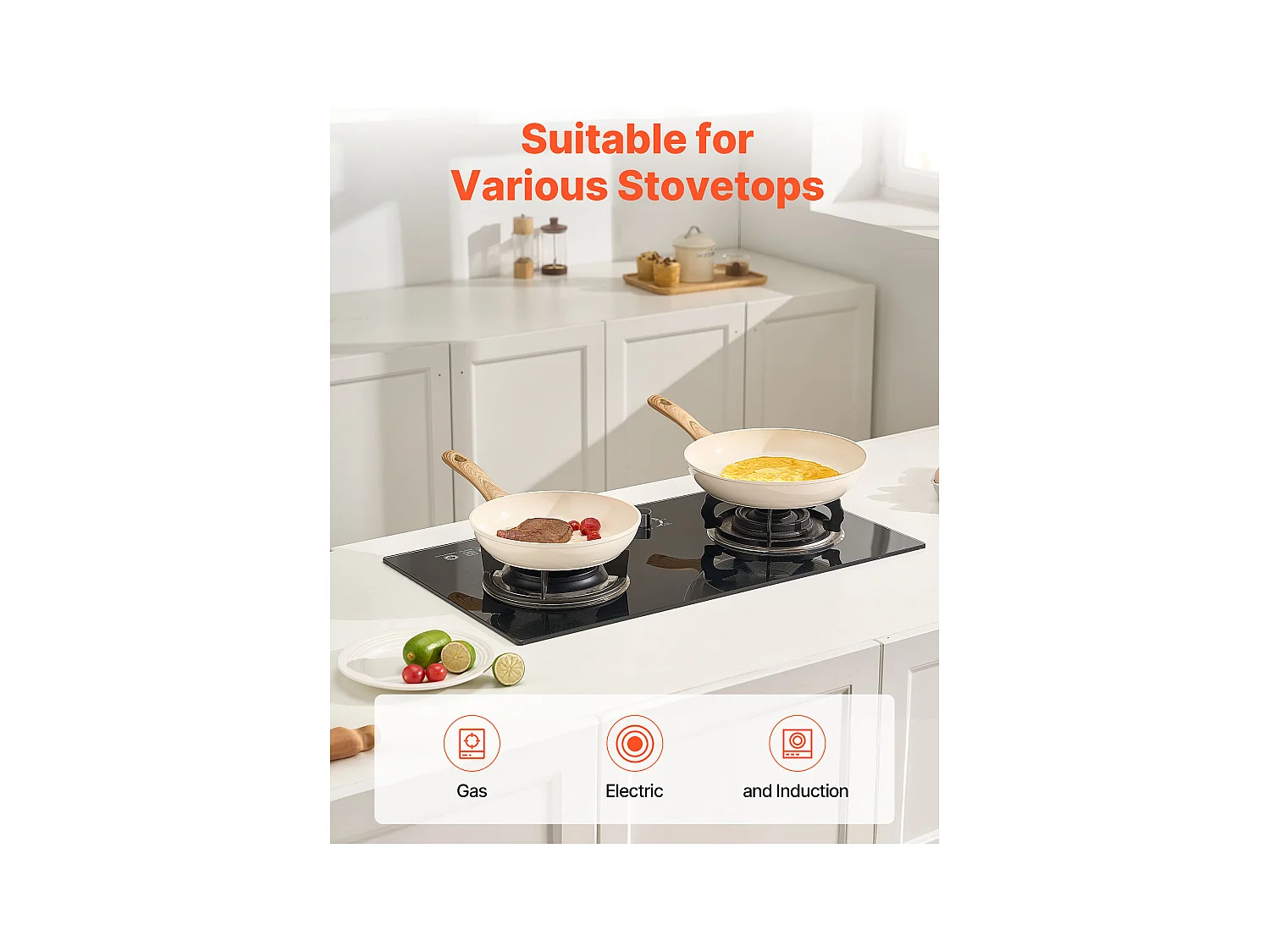 Poêle en Aluminium SucceBuy, 3PCs 20/24/28 cm, Sauteuse en Céramique Antiadhésive avec Poignée Résistante À la Chaleur, pour  Gaz, Électrique, Beige