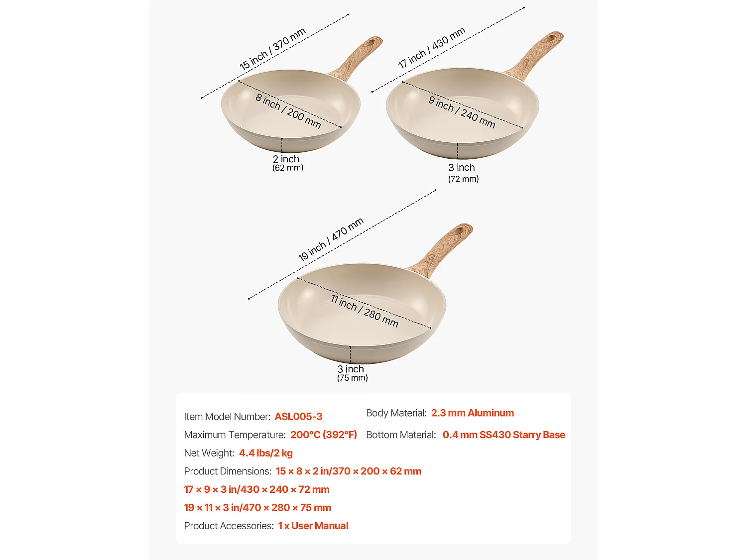 Poêle en Aluminium SucceBuy, 3PCs 20/24/28 cm, Sauteuse en Céramique Antiadhésive avec Poignée Résistante À la Chaleur, pour  Gaz, Électrique, Beige