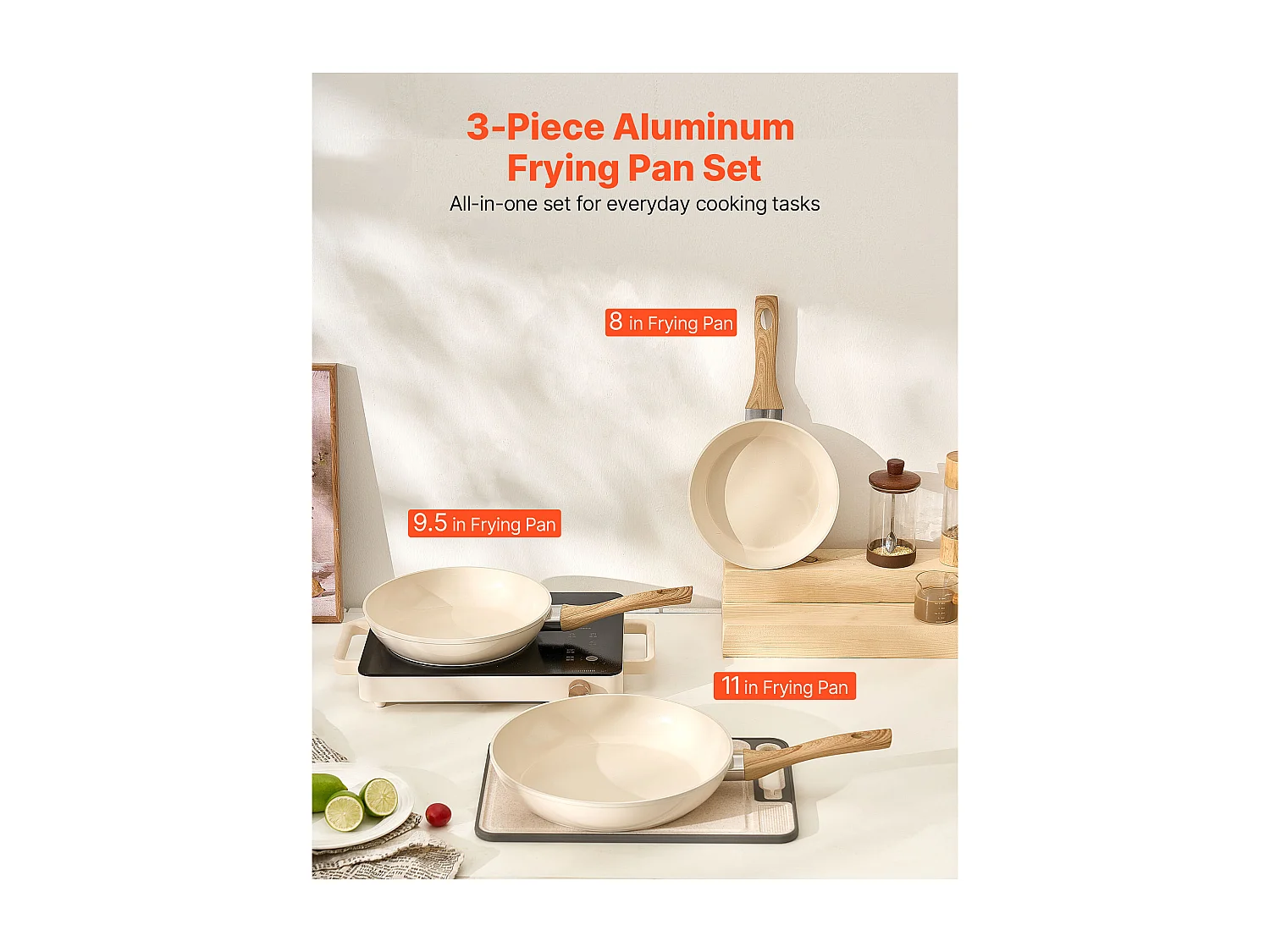 Poêle en Aluminium SucceBuy, 3PCs 20/24/28 cm, Sauteuse en Céramique Antiadhésive avec Poignée Résistante À la Chaleur, pour  Gaz, Électrique, Beige