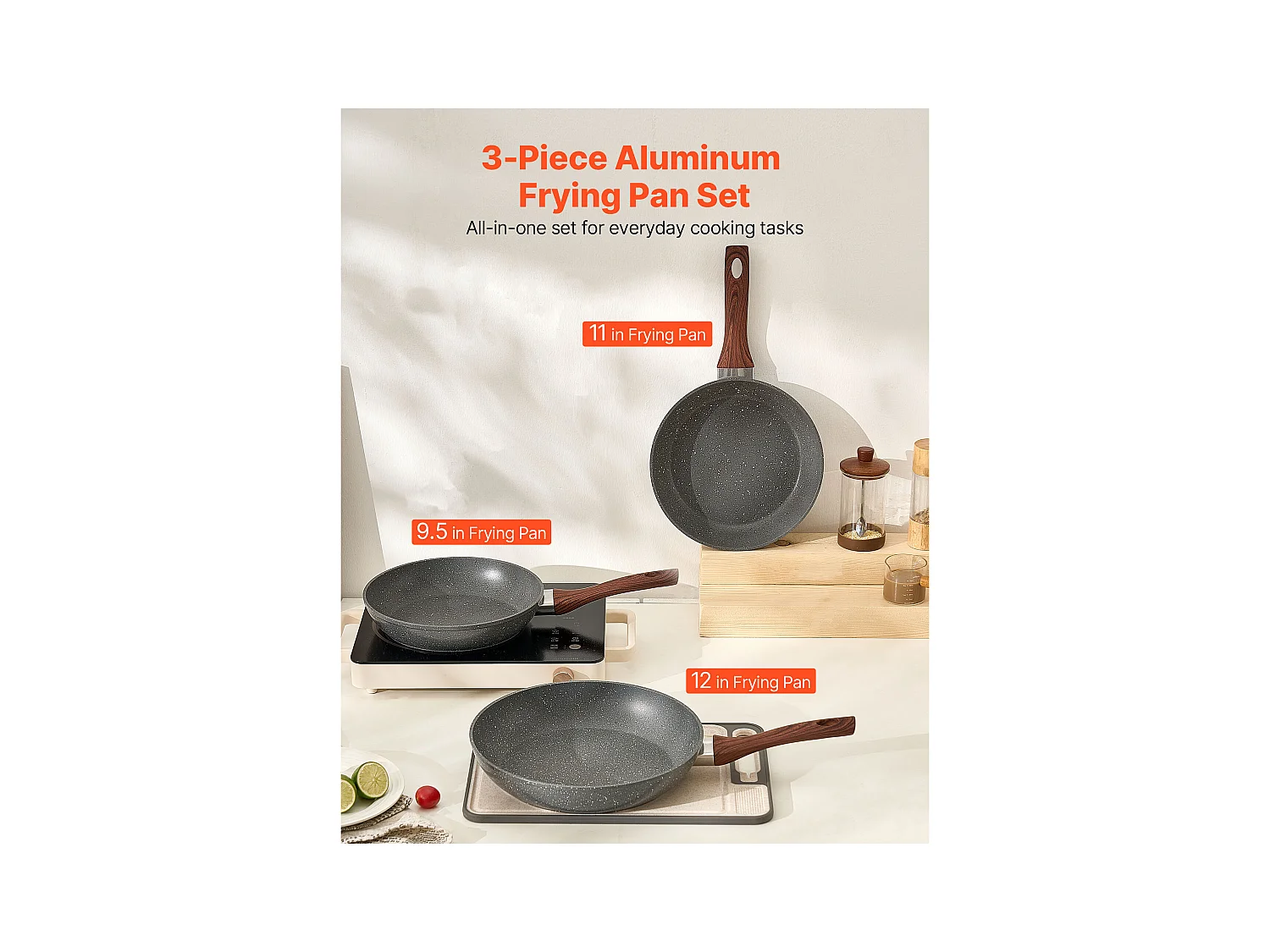 Poêle en Aluminium SucceBuy, 3PCs 25/28/32,5 cm, Sauteuse Antiadhésive Pré-Assaisonnée avec Poignée Résistante À la Chaleur, pour  Gaz, Électrique, Gris