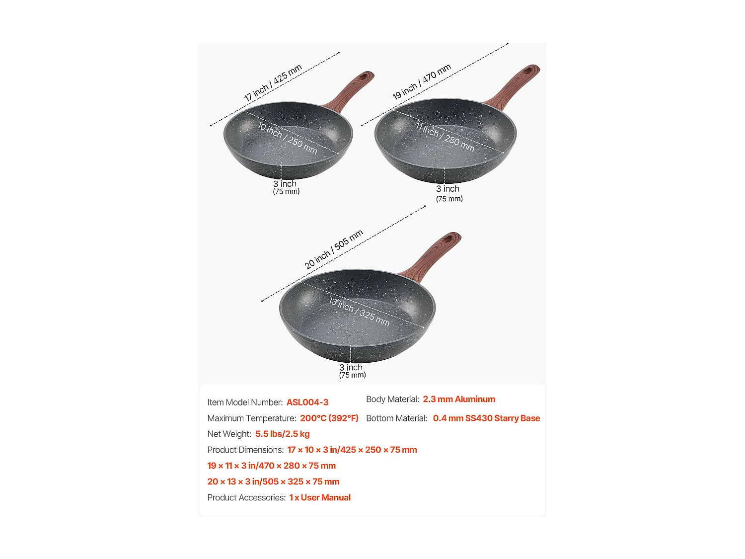 Poêle en Aluminium SucceBuy, 3PCs 25/28/32,5 cm, Sauteuse Antiadhésive Pré-Assaisonnée avec Poignée Résistante À la Chaleur, pour  Gaz, Électrique, Gris