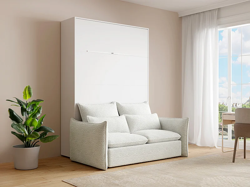 Lit escamotable 140 x 200 cm - Ouverture verticale manuelle - Avec LEDs - Blanc + Canapé - RAPILI