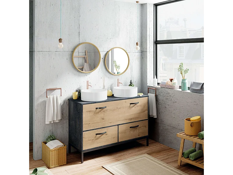 Mueble Baño Doble Sena Industrial Roble Gold/Negro 2 Cajones 120x92x50 cm