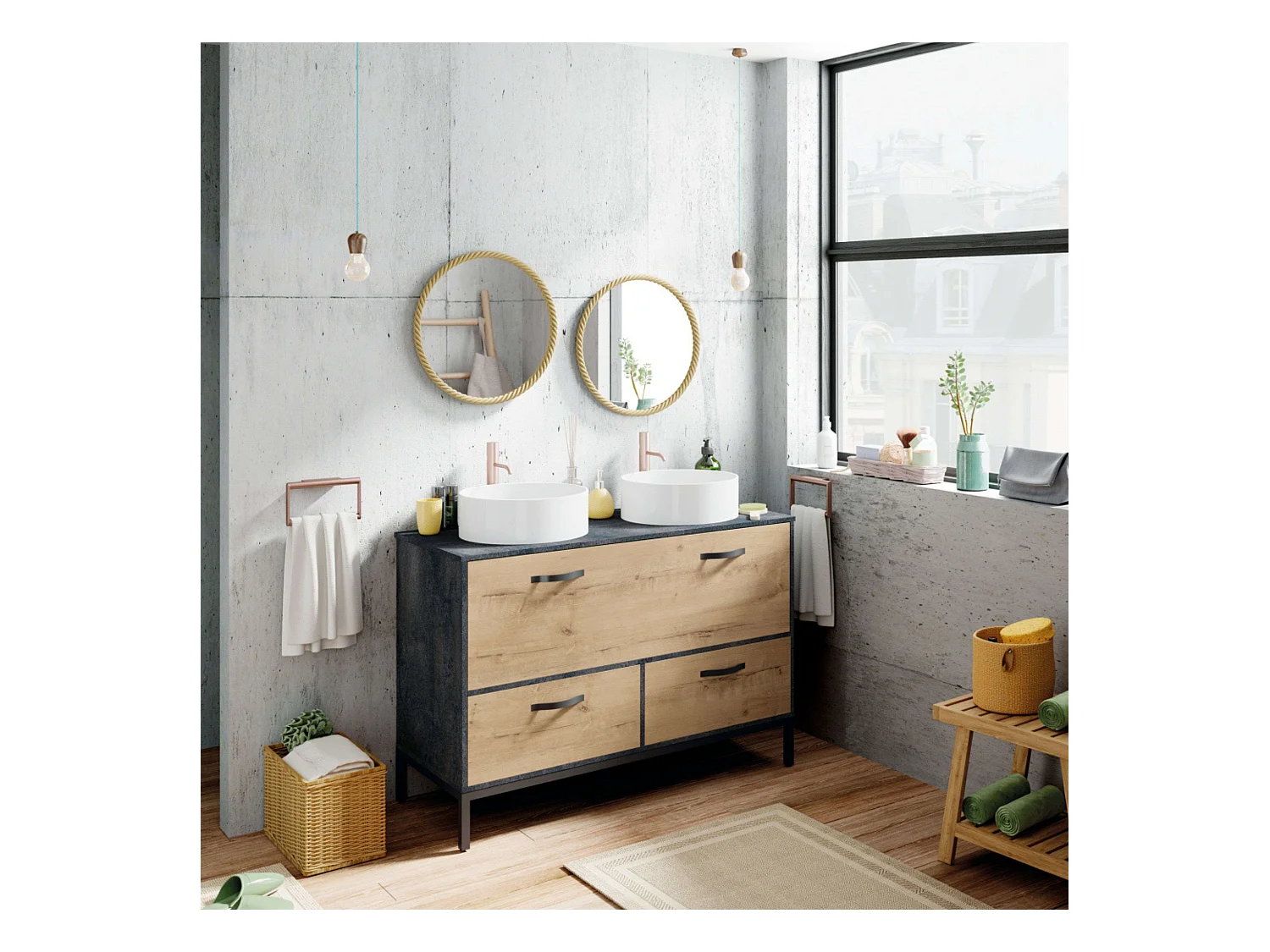 Mueble Baño Doble Sena Industrial Roble Gold/Negro 2 Cajones 120x92x50 cm