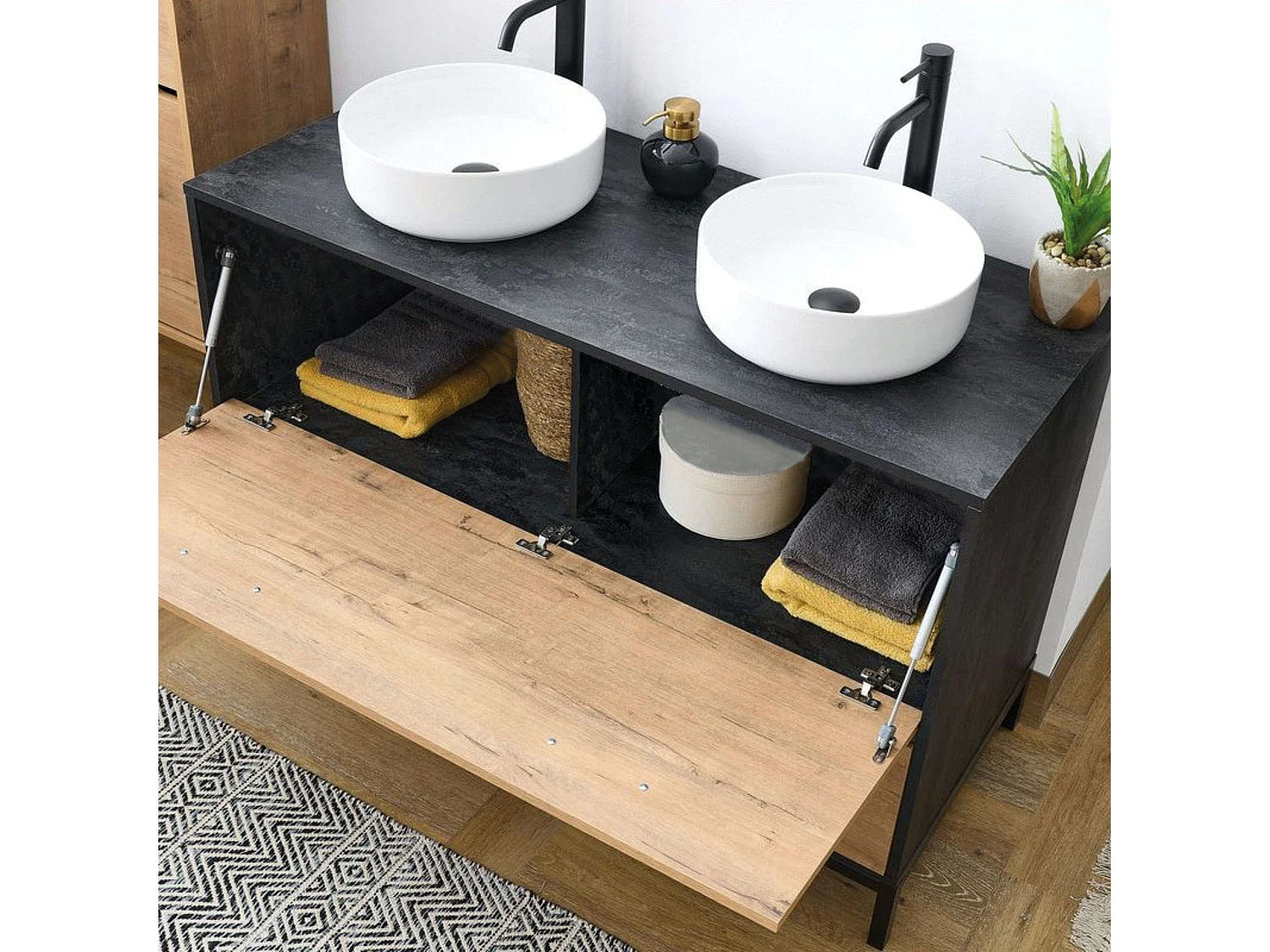 Móvel de banheiro duplo industrial Sena, carvalho dourado/preto, 2 gavetas, 120x92x50 cm