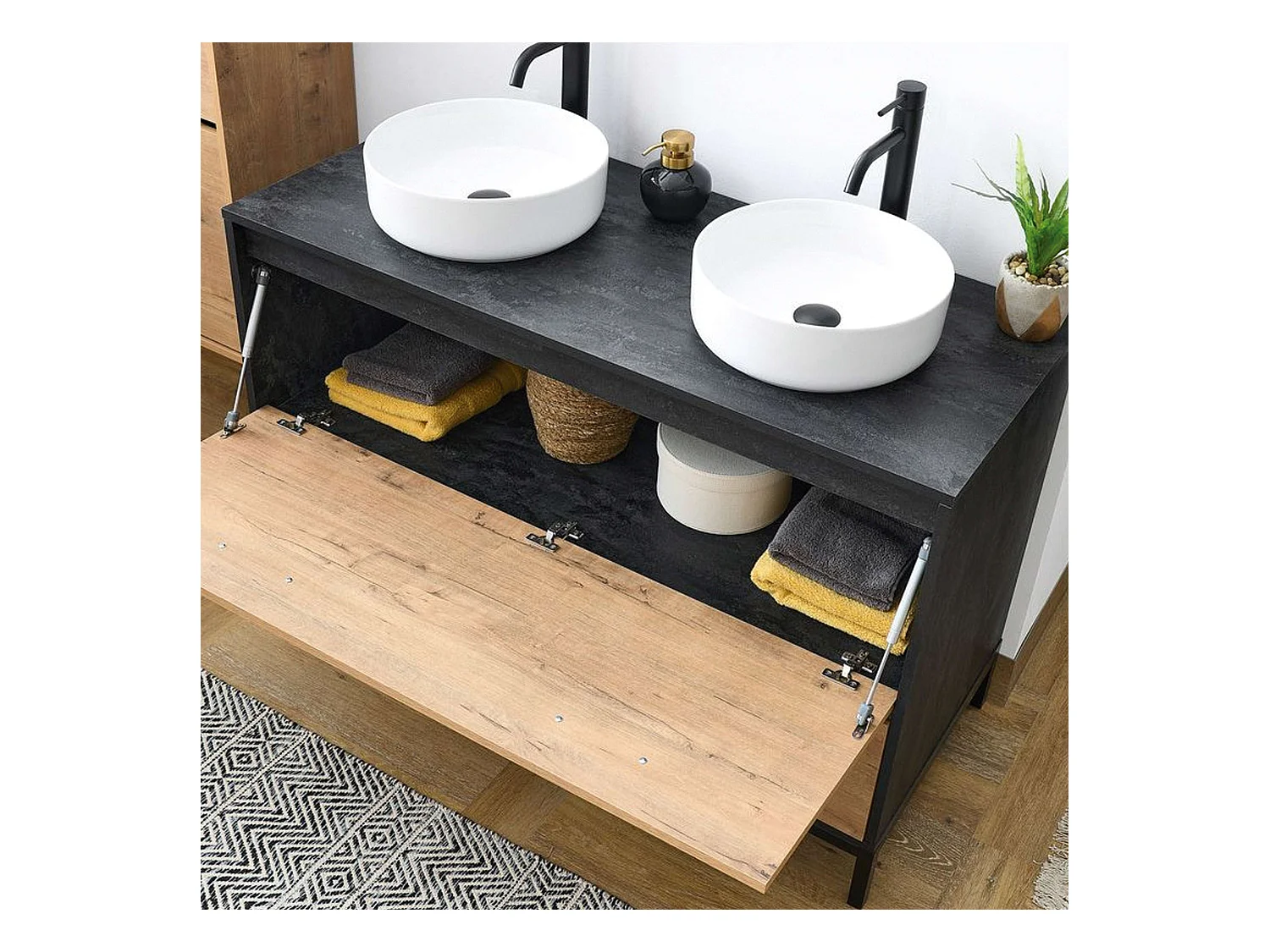 Meuble de salle de bain double industriel Sena Chêne doré/noir 120 x 92 x 50 cm (sans lavabo)