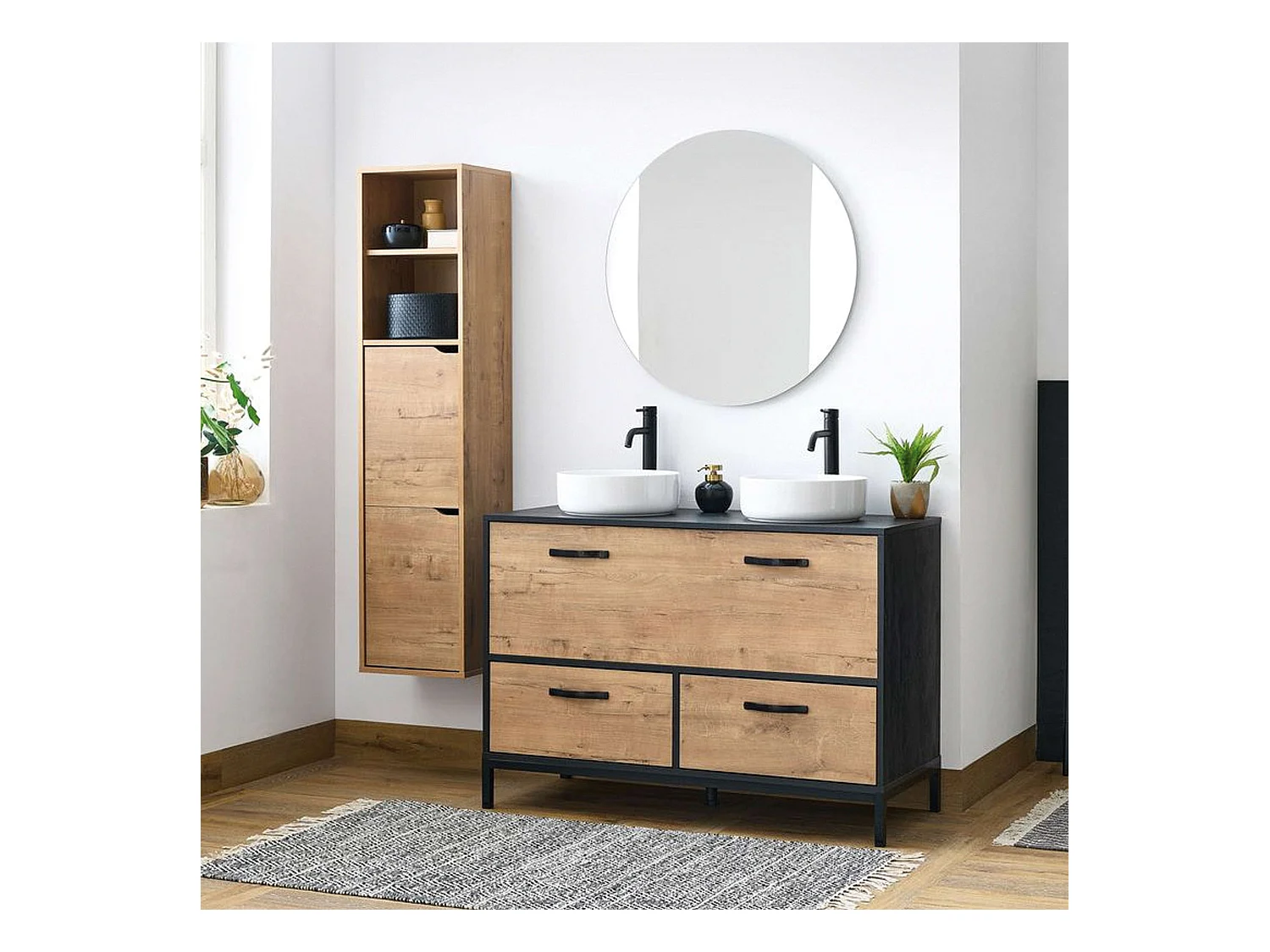 Meuble de salle de bain double industriel Sena Chêne doré/noir 120 x 92 x 50 cm (sans lavabo)