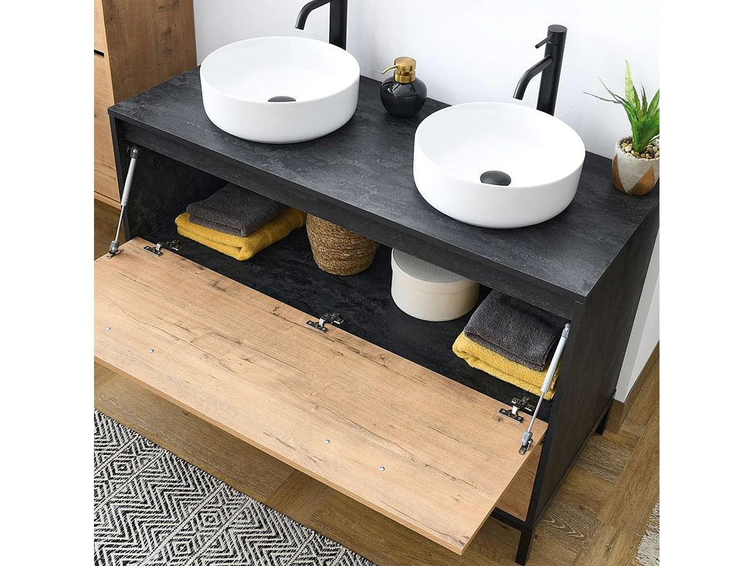Meuble de salle de bain double industriel Sena Chêne doré/noir 120 x 92 x 50 cm (sans lavabo)