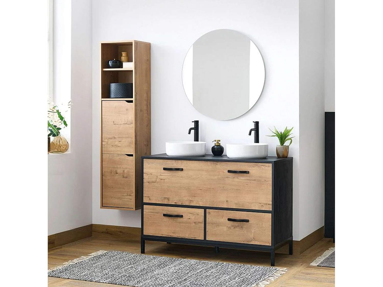Meuble de salle de bain double industriel Sena Chêne doré/noir 120 x 92 x 50 cm (sans lavabo)