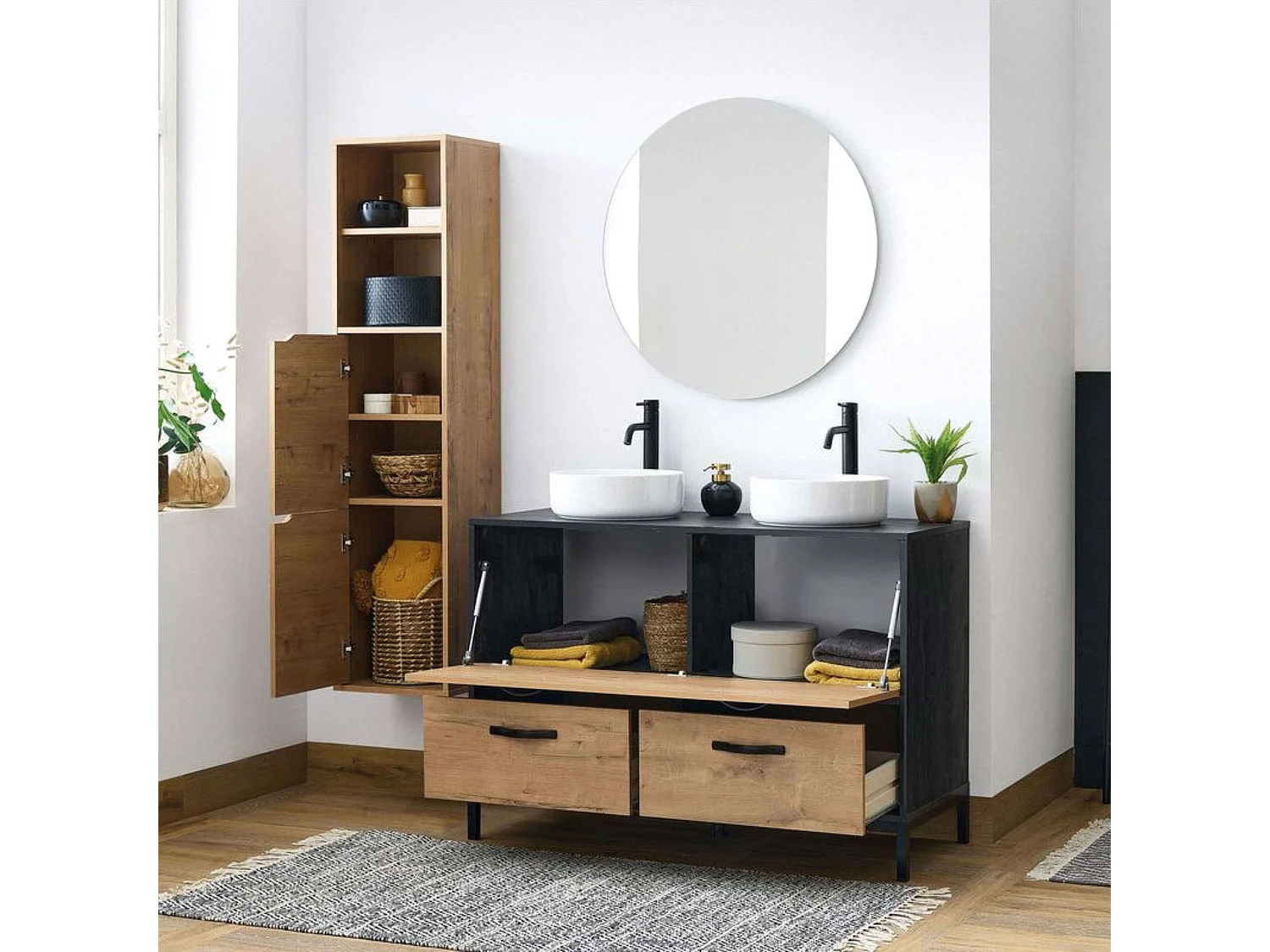 Meuble de salle de bain double industriel Sena Chêne doré/noir 120 x 92 x 50 cm (sans lavabo)