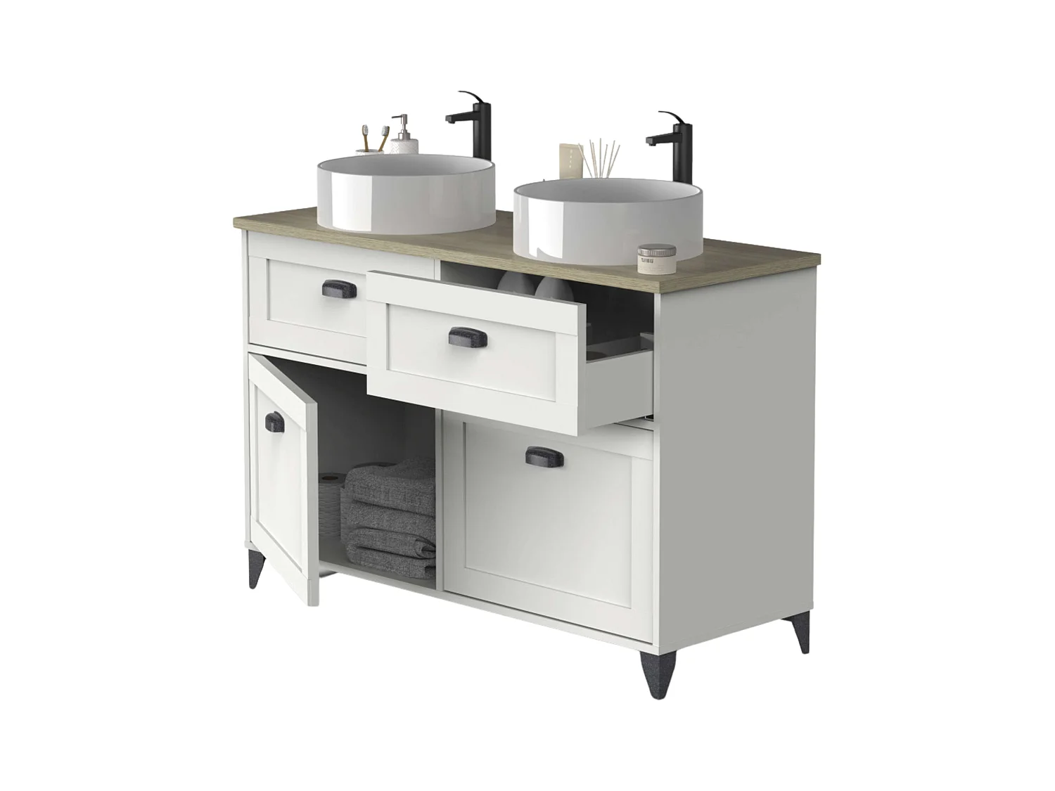 Meuble de salle de bain double Toscana, 2 portes, sans lavabo, 120 cm, blanc/chêne