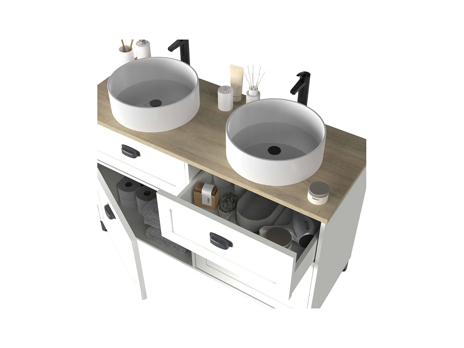 Meuble de salle de bain double Toscana, 2 portes, sans lavabo, 120 cm, blanc/chêne