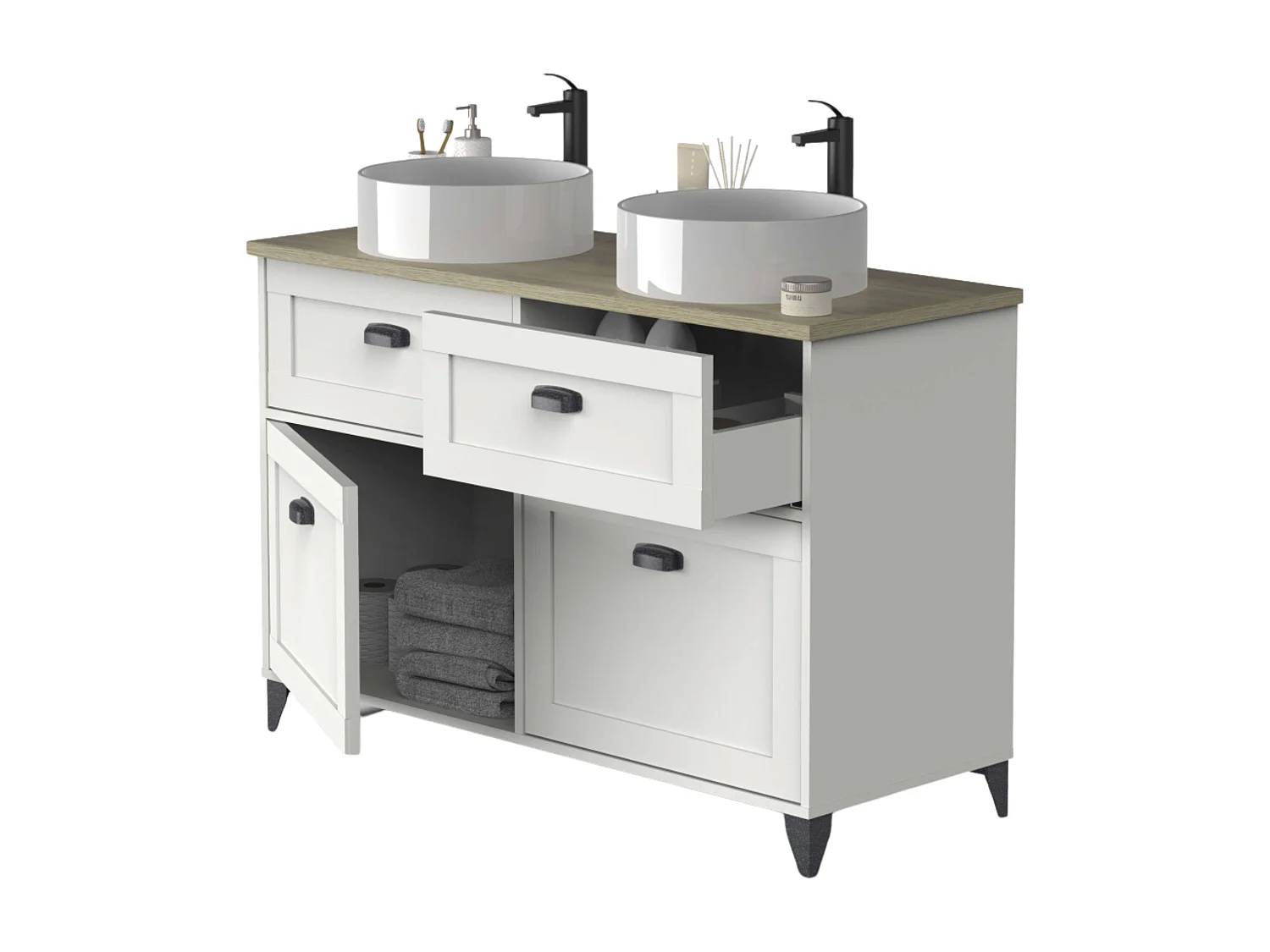Meuble de salle de bain double Toscana, 2 portes, sans lavabo, 120 cm, blanc/chêne