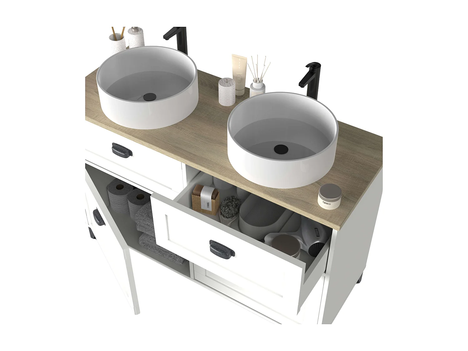 Meuble de salle de bain double Toscana, 2 portes, sans lavabo, 120 cm, blanc/chêne